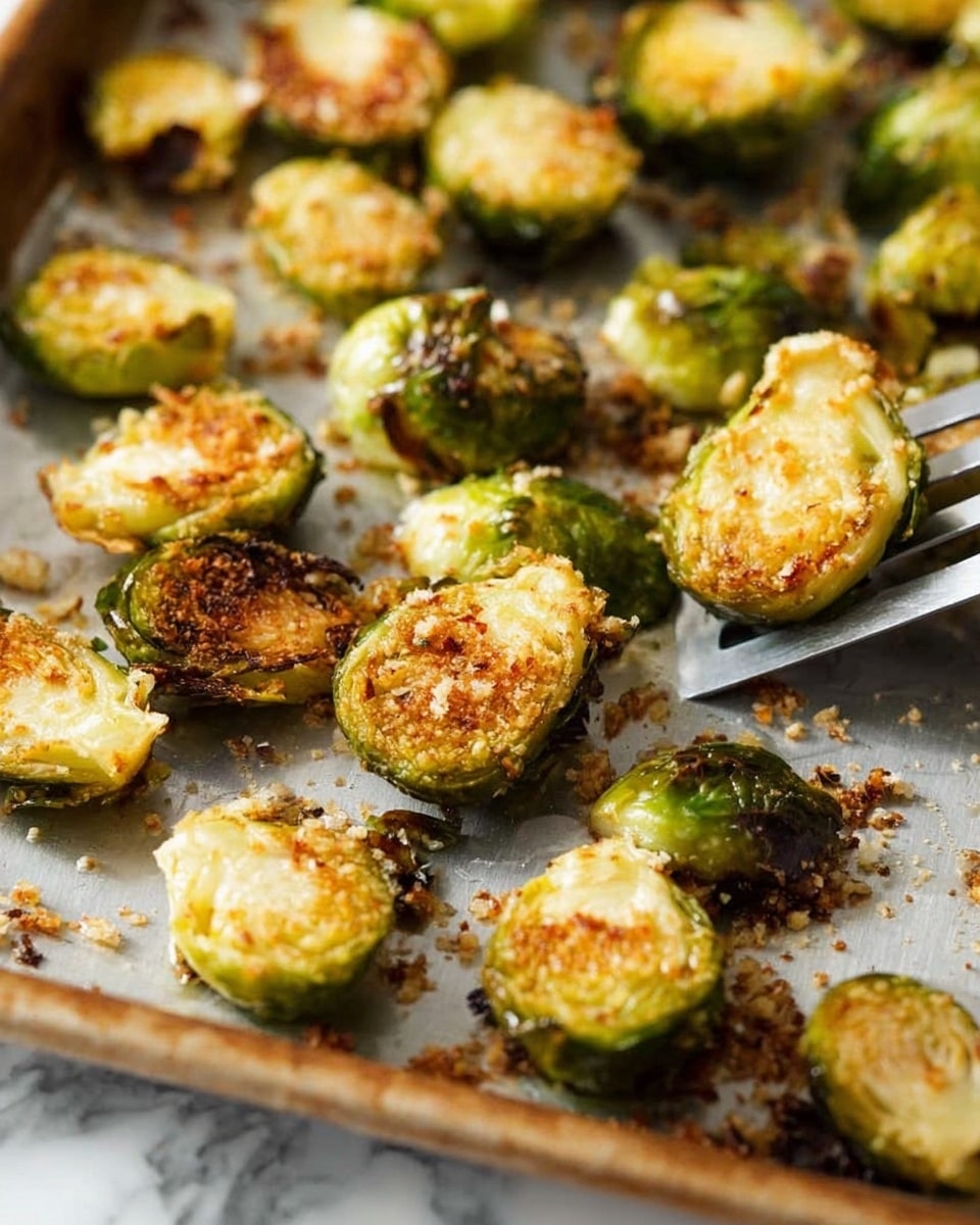 Amazing Crispy Parmesan Garlic Roasted Brussels Sprouts Recipe 5 The image shows many roasted Brussels sprouts, each cut in half, placed on a metal baking tray. Each piece has a golden brown, crispy top layer with hints of caramelized texture, while the inner layers are light green with a soft, cooked look. Some Brussels sprouts still have darker green outer leaves, adding variety to their color. The tray has small scattered crumbs and bits of roasted texture around the sprouts. A metal spatula is partially visible under the vegetables, lifting some of the Brussels sprouts. The setting is on a white marbled surface. photo taken with an iphone --ar 4:5 --v 7