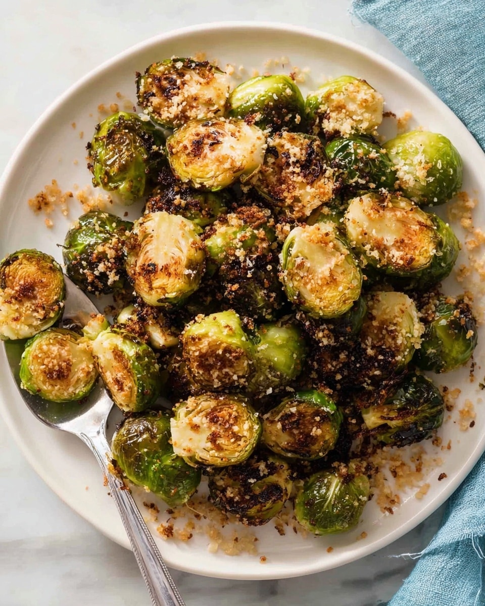 Amazing Crispy Parmesan Garlic Roasted Brussels Sprouts Recipe 6 A white plate filled with around 30 small roasted Brussels sprouts, some cut in half showing light green inside and others whole with dark brown roasted spots. The sprouts have a crispy texture with light golden crumbs sprinkled unevenly on top. On the left side, a silver spoon holds three Brussels sprouts, one of them cut in half. The plate sits on a white marbled surface with a soft blue cloth partially visible in the top right corner. photo taken with an iphone --ar 4:5 --v 7