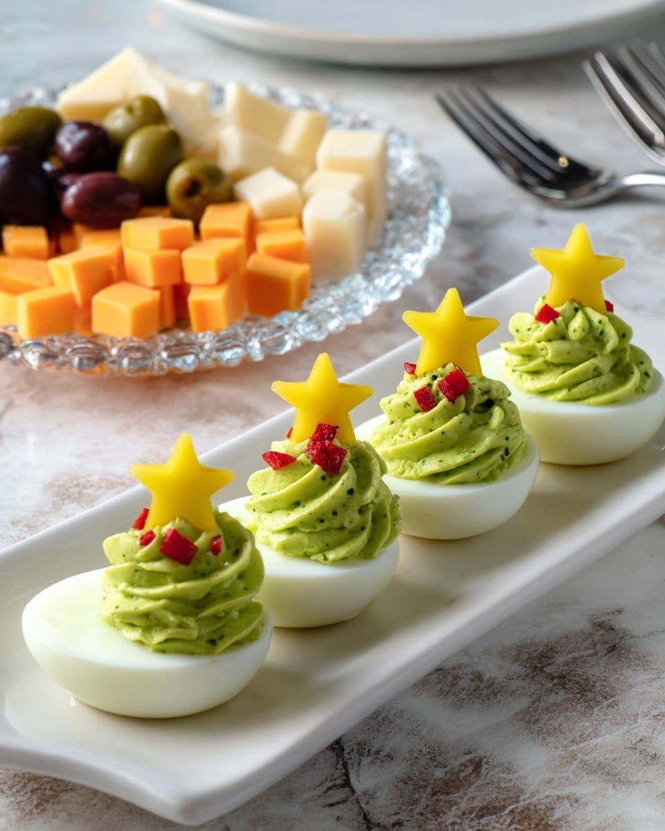 Christmas Tree Deviled Eggs with Avocado Recipe 5 A white ceramic tray holds five deviled eggs arranged in a row. Each egg half is filled with a swirl of bright green creamy filling on top of the smooth white egg base. Small red diced pieces are scattered on the green filling, and each swirl is topped with a yellow star-shaped decoration. The tray rests on a white marbled surface. In the background, a clear glass plate has cubes of orange cheese, white cheese, dark olives, and pickles along with a fork nearby. Photo taken with an iphone --ar 4:5 --v 7