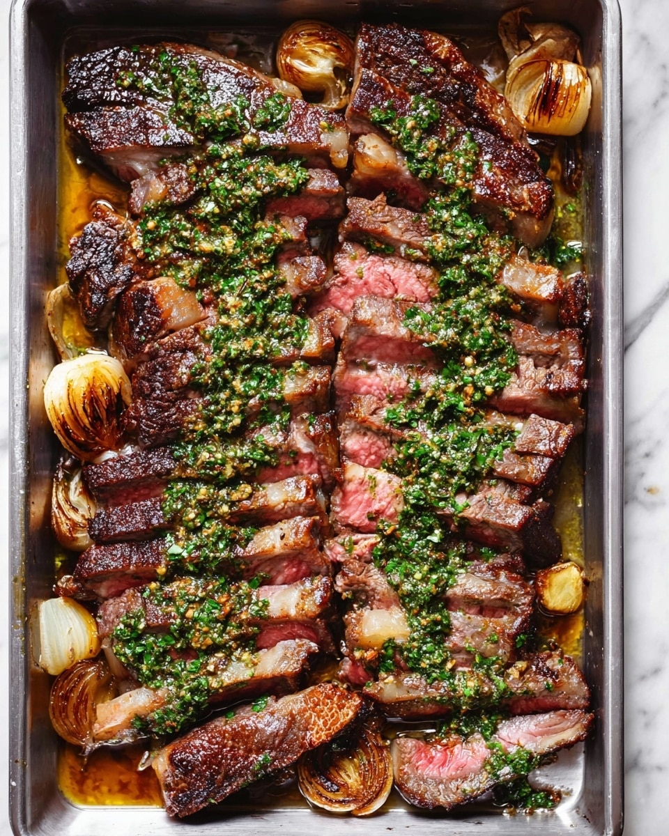 The image shows a large tray with thick slices of cooked steak arranged in rows. The steak is medium rare, with a pink center and browned, slightly crispy edges. On top of the steak slices, there is a green herb sauce, likely parsley or chimichurri, which is spread evenly across the meat, adding touch of color. Some cooked onion rings and roasted garlic cloves are visible around the steak, soaking in the juices and sauce. The tray is placed on a white marbled surface. photo taken with an iphone --ar 4:5 --v 7