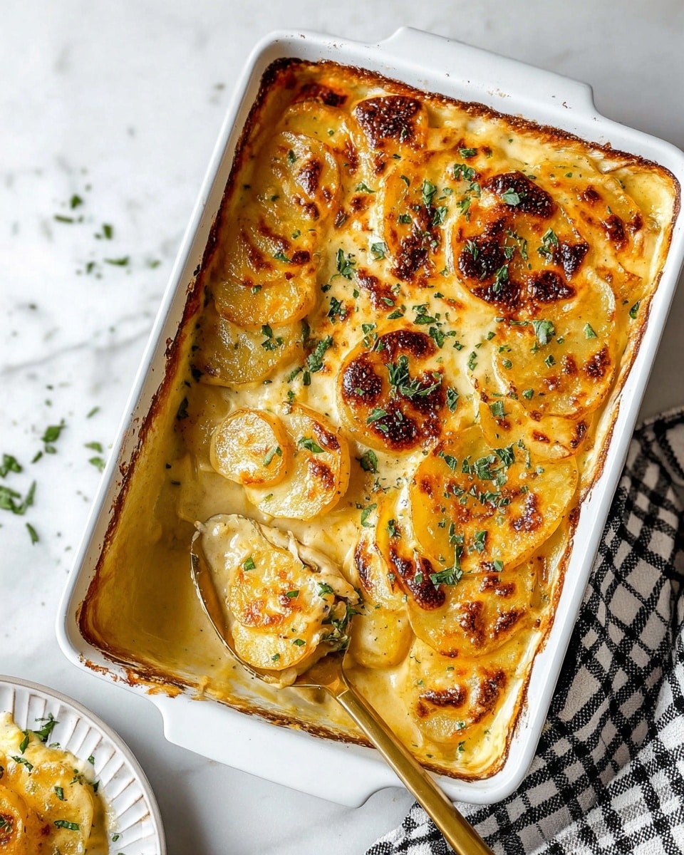 Dad’s Creamy & Cheesy Au Gratin Potatoes Recipe 5 A white rectangular baking dish filled with a layered potato gratin with golden browned cheese on top, dotted with dark brown baked spots and fresh chopped green herbs. The dish shows at least three visible layers of sliced round potatoes with creamy yellow cheese sauce surrounding them. A gold spoon is scooping out some gratin from the bottom left corner, revealing more layers of tender potatoes covered in melted cheese. The dish sits on a white marbled surface with a black and white checkered cloth partially visible on the right side, and some green herb sprinkles scattered around. A plate with a serving of the gratin is partially visible in the lower left corner. Photo taken with an iphone --ar 4:5 --v 7