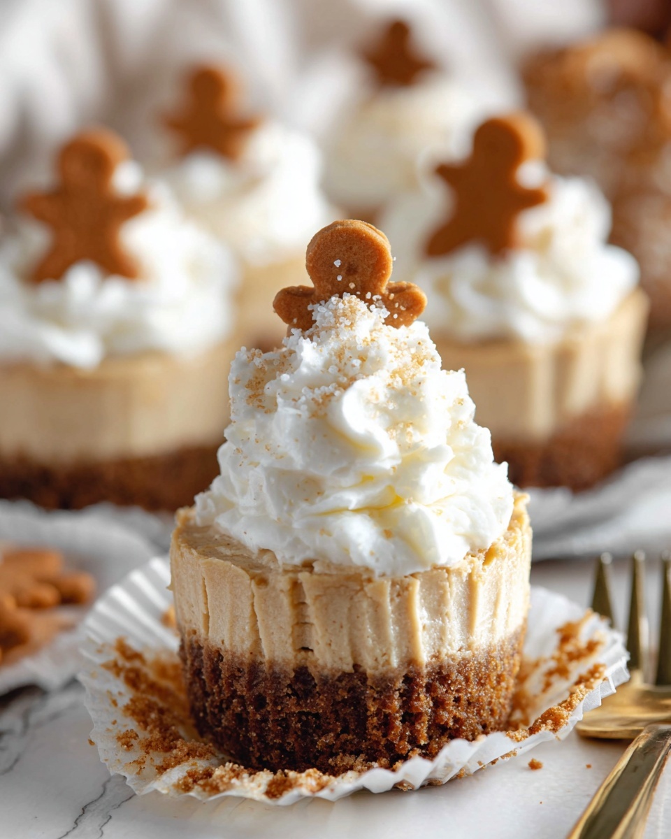 The image shows a close-up of a mini cheesecake with three layers. The bottom layer is a crumbly, dark brown crust. The middle layer is a thick, light brown cheesecake filling with a smooth texture. The top layer is a generous swirl of white whipped cream with small crumbs sprinkled on top. The cheesecake sits on a white marbled surface with a white paper liner that is gently peeled back. In the background, several similar cheesecakes decorated with white whipped cream and gingerbread men are blurred out. A gold fork lies beside the mini cheesecake. Photo taken with an iphone --ar 4:5 --v 7