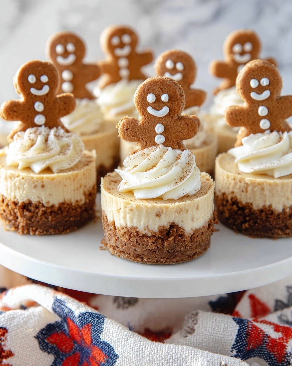 A close-up view of a single cheesecake cupcake with three layers: the bottom layer is a dark brown, crumbly crust; the middle layer is a smooth, light beige cheesecake base; and the top layer is a swirl of white, fluffy whipped cream sprinkled lightly with golden brown crumbs. A small gingerbread cookie shaped like a person with white icing details, including eyes, buttons, and a smiling mouth, is placed standing upright in the whipped cream. In the blurry background, seven more cupcakes with similar decoration and gingerbread cookies can be seen on a white cake stand, all set on a white marbled surface with scattered crumbs and extra gingerbread cookies. photo taken with an iphone --ar 4:5 --v 7
