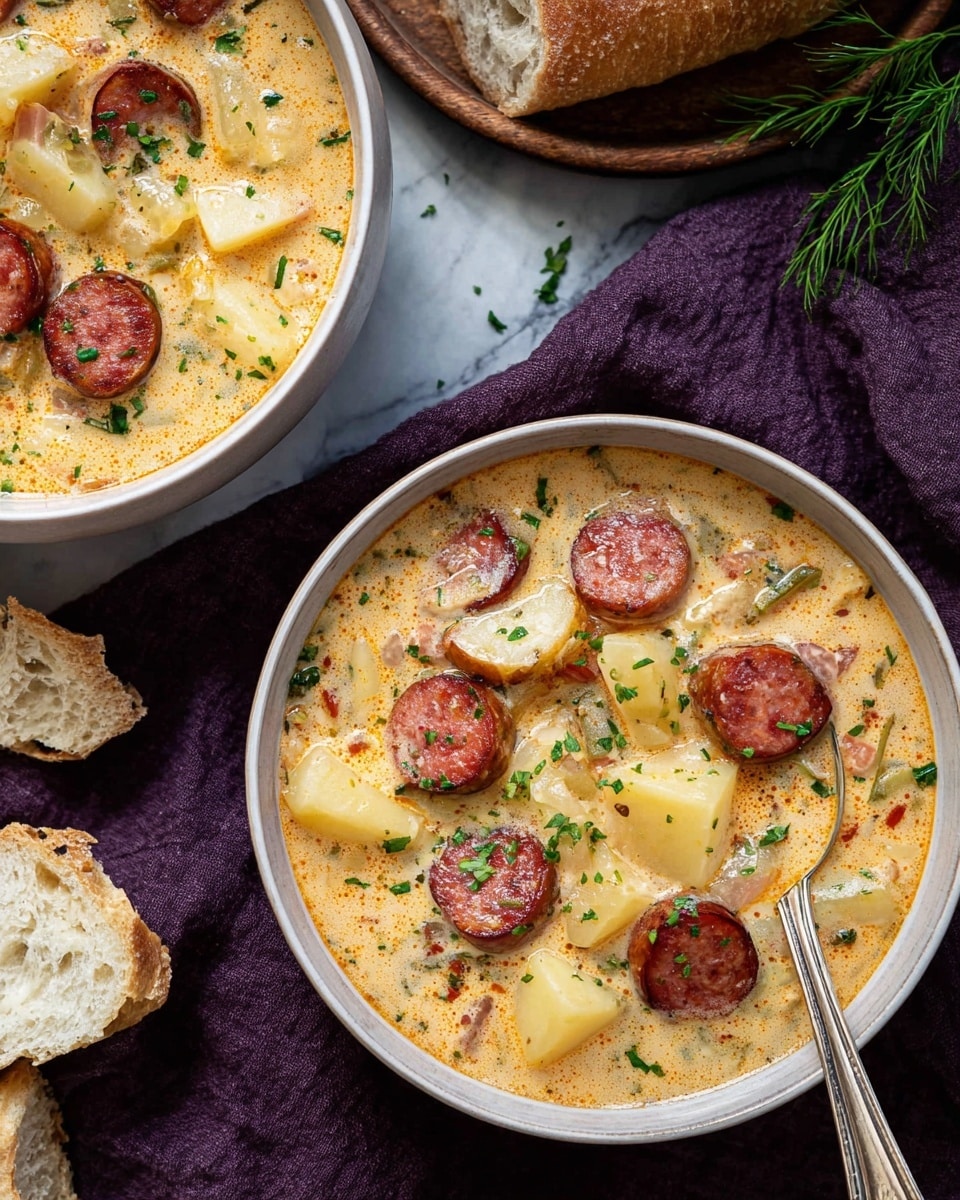 Cajun Potato Soup Recipe 6 Two white bowls filled with a creamy soup showing three main layers: a light orange broth full of small bubbles, large chunks of pale yellow potatoes scattered throughout, and several slices of browned sausage with a reddish outer edge evenly placed on top. Green chopped herbs are sprinkled on the surface giving small dots of green color. A silver spoon rests inside the bottom bowl on a dark purple cloth, and to the side, torn pieces of crusty golden bread are visible. The background is a white marbled texture with a few green herb sprigs casually placed. Photo taken with an iphone --ar 4:5 --v 7