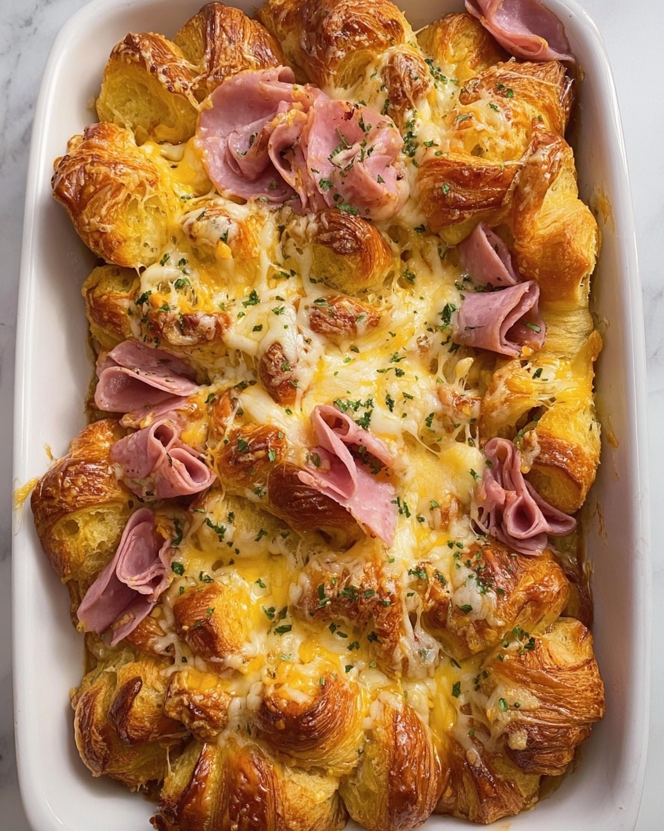 A white rectangular dish filled with baked croissant pieces, golden brown on top with melted light yellow cheese covering many parts. Folded slices of pink ham are placed between the croissant pieces, adding contrast to the warm tones. Small green herb sprinkles are scattered on the cheese and croissants, giving an extra texture. The background is a white marbled surface that brightens the image. Photo taken with an iphone --ar 4:5 --v 7