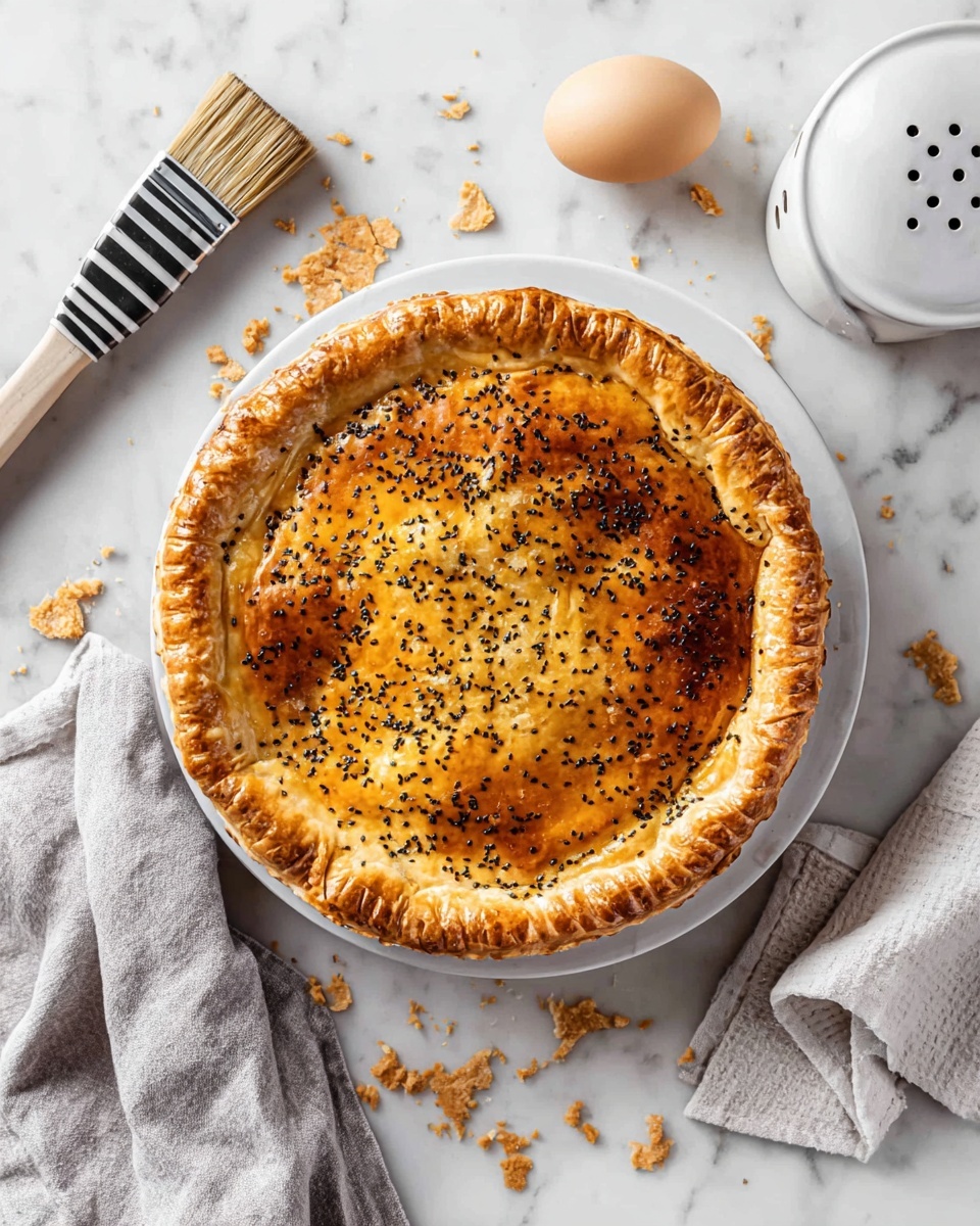 Steak and Onion Pie Recipe 6 A round, golden-brown pie with a shiny top crust and small black seeds sprinkled evenly over the surface rests on a white plate in the center of the image. The pie's edges are crimped, creating a textured border around the pie. The plate is placed on a white marbled surface scattered with small pieces of crust crumbs. Surrounding the pie are a beige egg, a striped brush with a black handle, a white container with holes on top, and light gray towels. The scene is well-lit and clean, showing a fresh, warm baked pie. photo taken with an iphone --ar 4:5 --v 7
