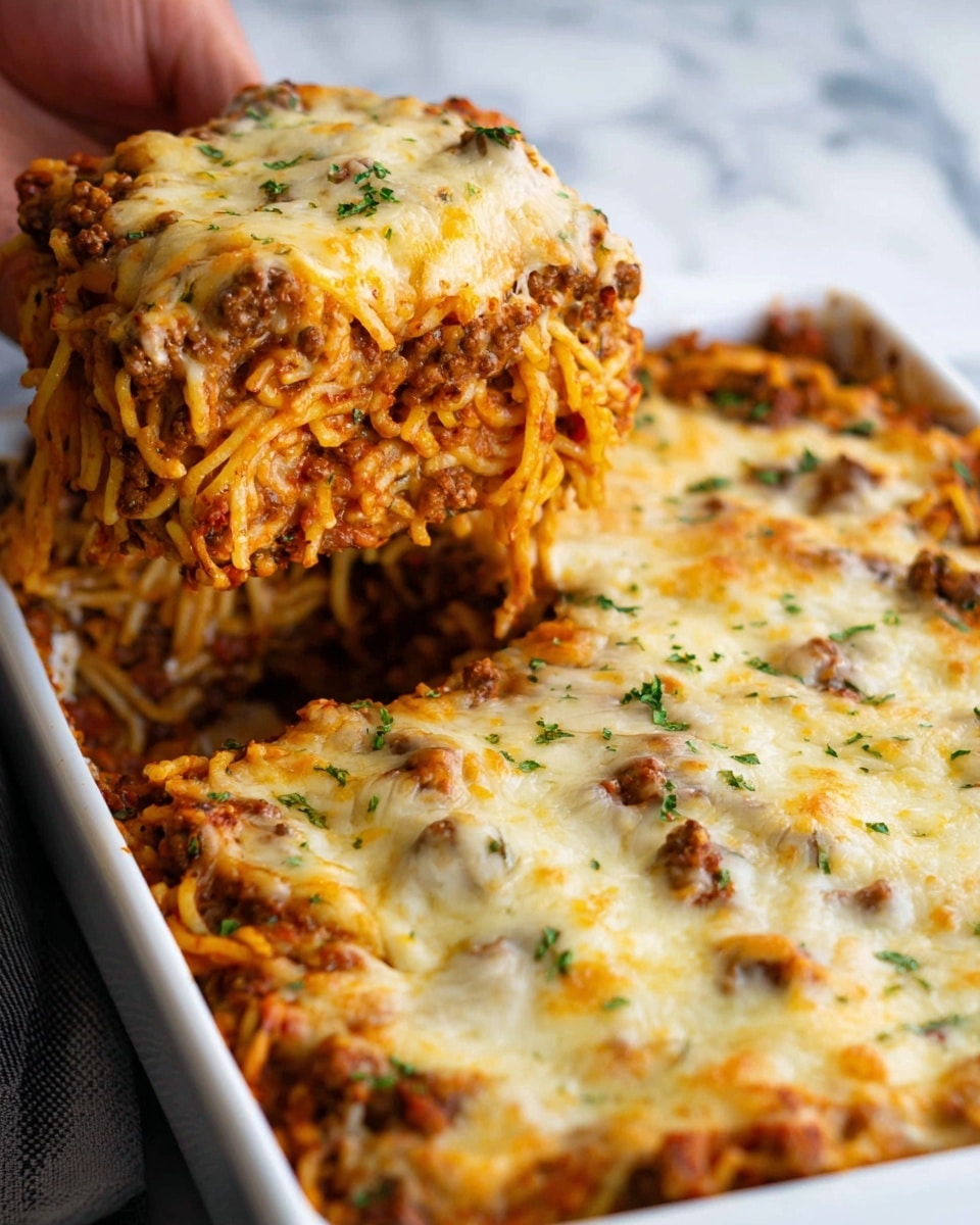 A white rectangular dish filled with baked spaghetti casserole showing three layers: the bottom layer is cooked spaghetti noodles in a reddish-brown meat sauce with visible small tomato pieces, the middle layer includes a mixture of browned ground meat, and the top layer is melted golden-brown cheese with some browned spots and small green herb sprinkles scattered on top. A woman's hand holds a portion of the casserole above the dish, revealing the dense, layered inside with the noodles and meat staying together. The dish sits on a white marbled surface photo taken with an iphone --ar 4:5 --v 7
