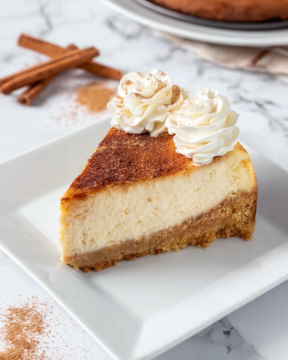 Snickerdoodle Cheesecake Recipe 6 The image shows a round cake with three visible layers: a light brown top layer with a slightly rough texture, suggesting a baked or spiced surface, surrounded by a ring of white whipped cream dollops evenly spaced around the edge. The cake sits on a white marbled surface with cinnamon powder sprinkled near the top right and two black measuring spoons lying next to the cake on the upper left. The cake’s edges are smooth and the whipped cream looks fluffy with soft peaks. Photo taken with an iphone --ar 4:5 --v 7