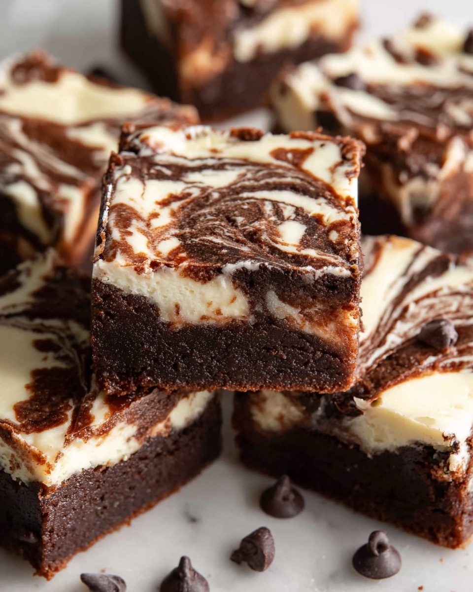 The image shows several square brownie pieces with a swirled pattern of dark brown chocolate and creamy white cheesecake on top. Each piece has two layers: a thick, dense dark brown bottom layer and a creamy white top layer with dark chocolate swirls creating an artistic marbled look. The brownies are arranged on a white marbled surface, with some chocolate chips scattered around. The close-up view highlights the smooth and rich texture of both layers. photo taken with an iphone --ar 4:5 --v 7