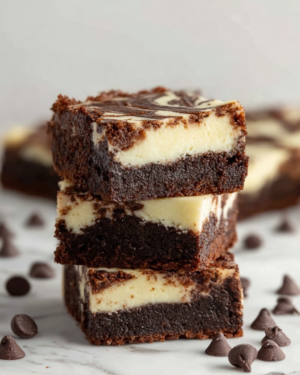 The image shows two stacked brownie squares with three distinct layers. The bottom layer is dark brown and dense, looking fudgy and thick. The middle layer is creamy white, smooth and even, contrasting with the dark layers. The top layer is dark brown again with swirls of the creamy white layer mixed in, giving a marbled effect. Around the brownies, there are scattered dark brown chocolate chips on a white marbled surface. The photo is taken with an iphone --ar 4:5 --v 7