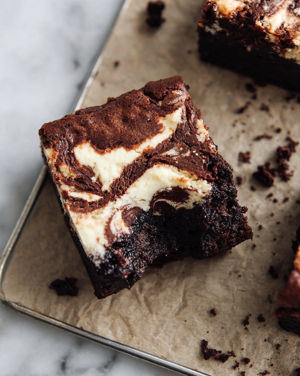 Marshmallow Brownies Recipe 5 The image shows several square pieces of brownies with two visible layers. The bottom layer is dark brown, rich, and dense with a moist texture. The top layer is thick, creamy, and light beige with swirled dark brown chocolate patterns creating a marbled effect. The pieces are closely placed together, showing the contrast between the smooth, swirling top and the textured brownie base. The background is a white marbled surface. photo taken with an iphone --ar 4:5 --v 7