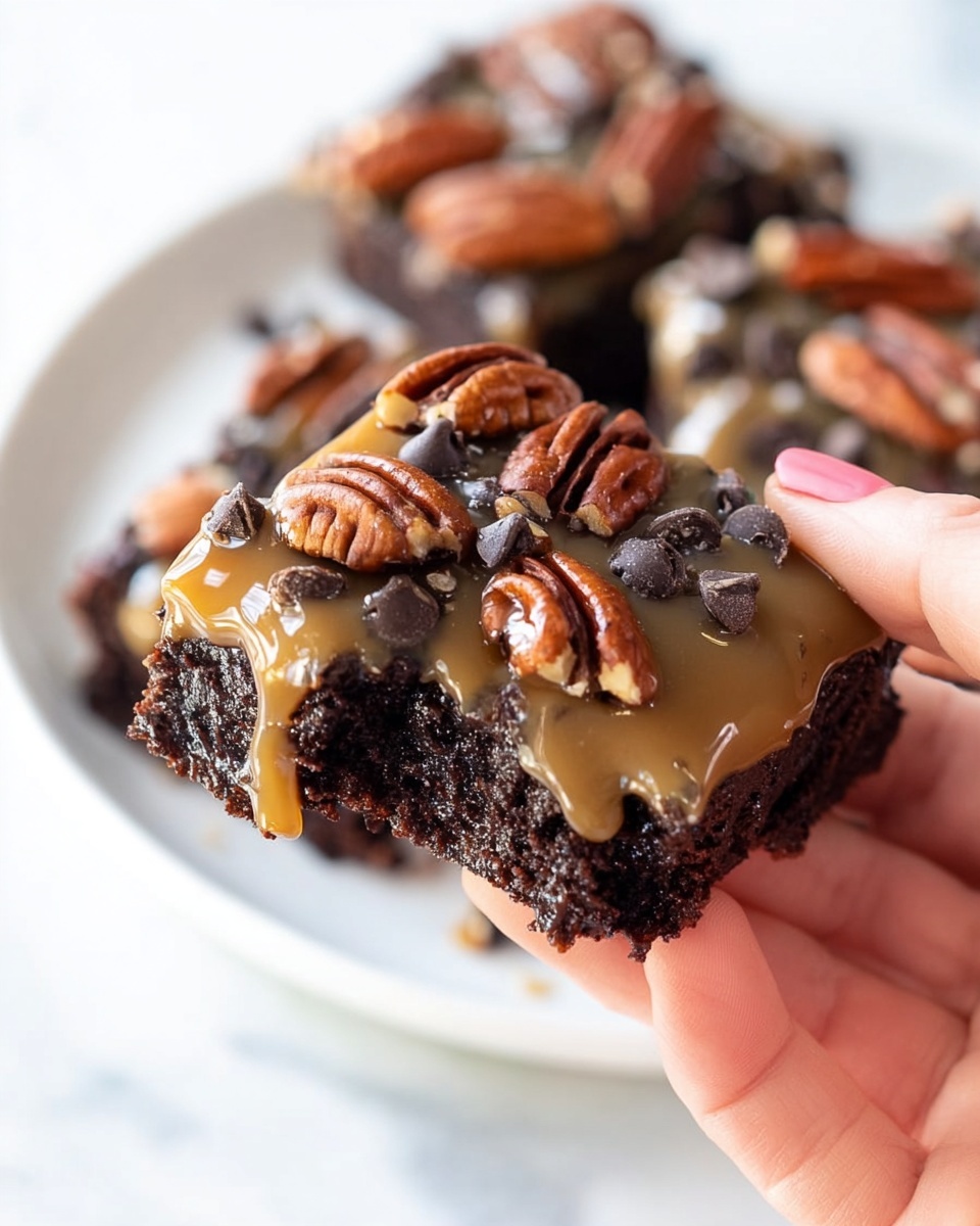 Turtle Brownies Recipe 6 A close-up of a square brownie held by a woman's hand, showing three layers: the bottom layer is dark and rich with a moist texture, the middle layer is shiny caramel sauce dripping slightly down the sides, and the top layer is decorated with whole pecans and dark chocolate chips scattered across the caramel surface. The brownie has a bite taken out of one corner. The background is a white marbled textured surface with more brownies on a white plate under it. Photo taken with an iphone --ar 4:5 --v 7
