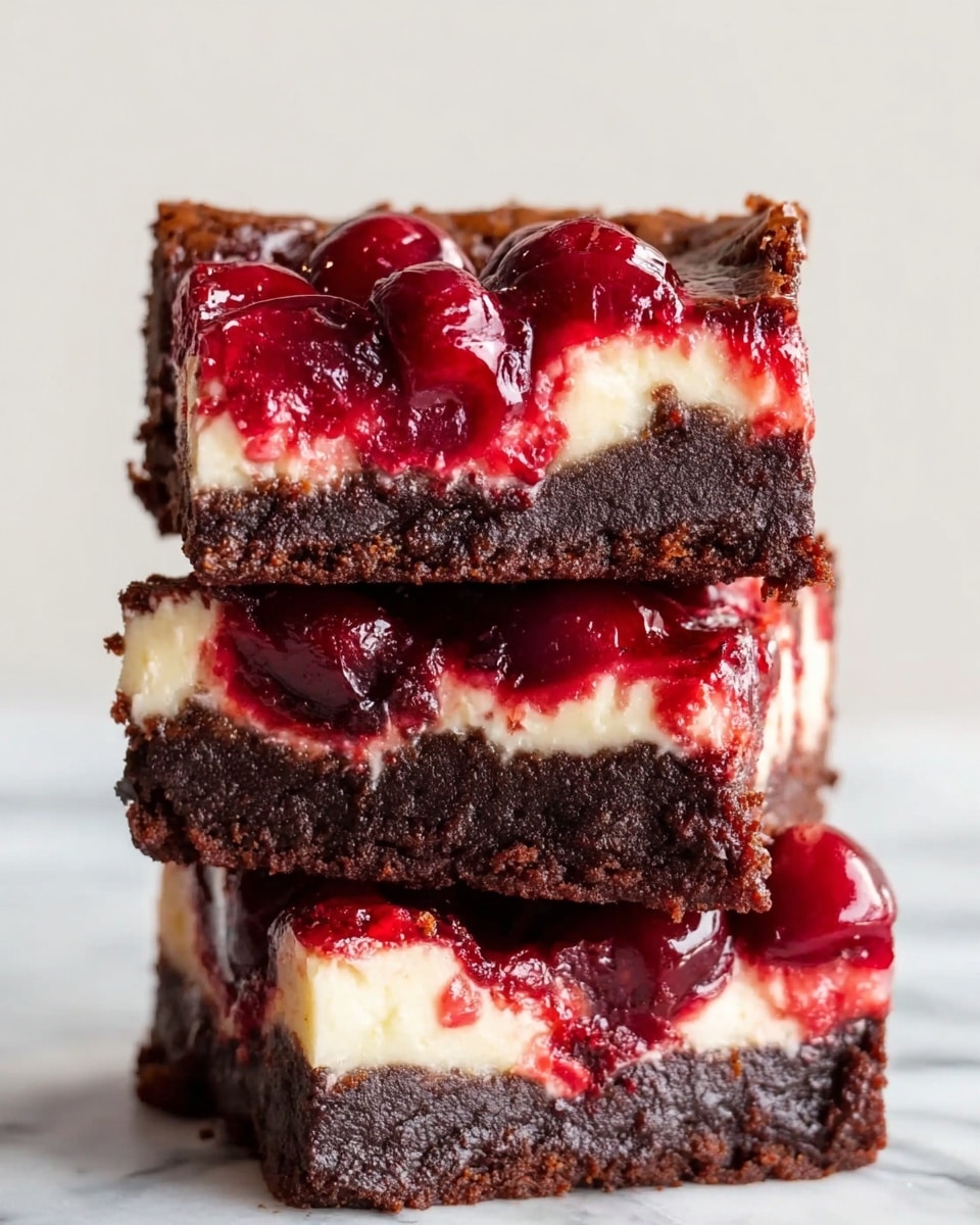 This image shows several square dessert bars laid out on parchment paper on a white marbled surface. Each bar has three main layers: a dark brown chocolate brownie base, a creamy off-white cheesecake layer swirled and mixed with bright red cherry topping, which is thick and shiny, appearing juicy with small cherry pieces inside. The layers blend together in a marbled pattern with irregular shapes and swirls of dark brown, white, and red spread across the top of each square, creating a visually rich texture. photo taken with an iphone --ar 4:5 --v 7