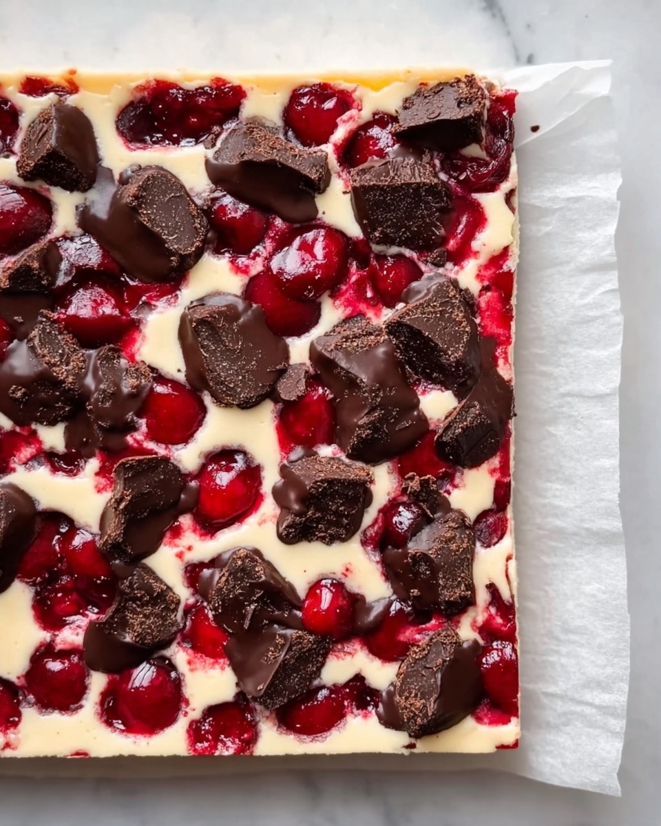 A rectangular dessert bar with three visible layers sits on white parchment paper over a white marbled surface. The bottom layer is creamy and light beige. On top of this, there is a layer of bright red cherry filling, with whole cherries visible, spreading unevenly across the surface. Scattered in dark brown dollops of chocolate layer are resting on top, irregular in shape with a slightly rough texture. The edges are clean, and there is a natural mix of the three layers blending softly at their borders. Photo taken with an iphone --ar 4:5 --v 7
