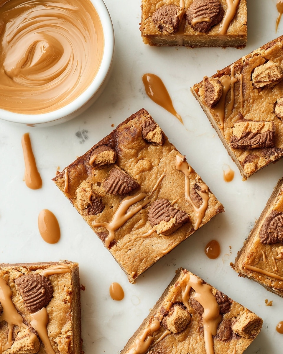 The image shows several square cookie bars arranged on a white marbled textured surface. Each bar has a thick base layer of golden brown cookie dough with visible bits of crushed brown cookies embedded inside. The top of each bar is decorated with whole and crumbled brown cookies, adding texture and pattern. A smooth, light brown drizzle is spread unevenly over the top of the bars, creating thin lines and small pools of sauce. To the top left, there is a white bowl filled with the same light brown sauce, swirled to show a creamy texture. The overall look is warm and inviting, with soft shadows and a clean, bright setting. photo taken with an iphone --ar 4:5 --v 7