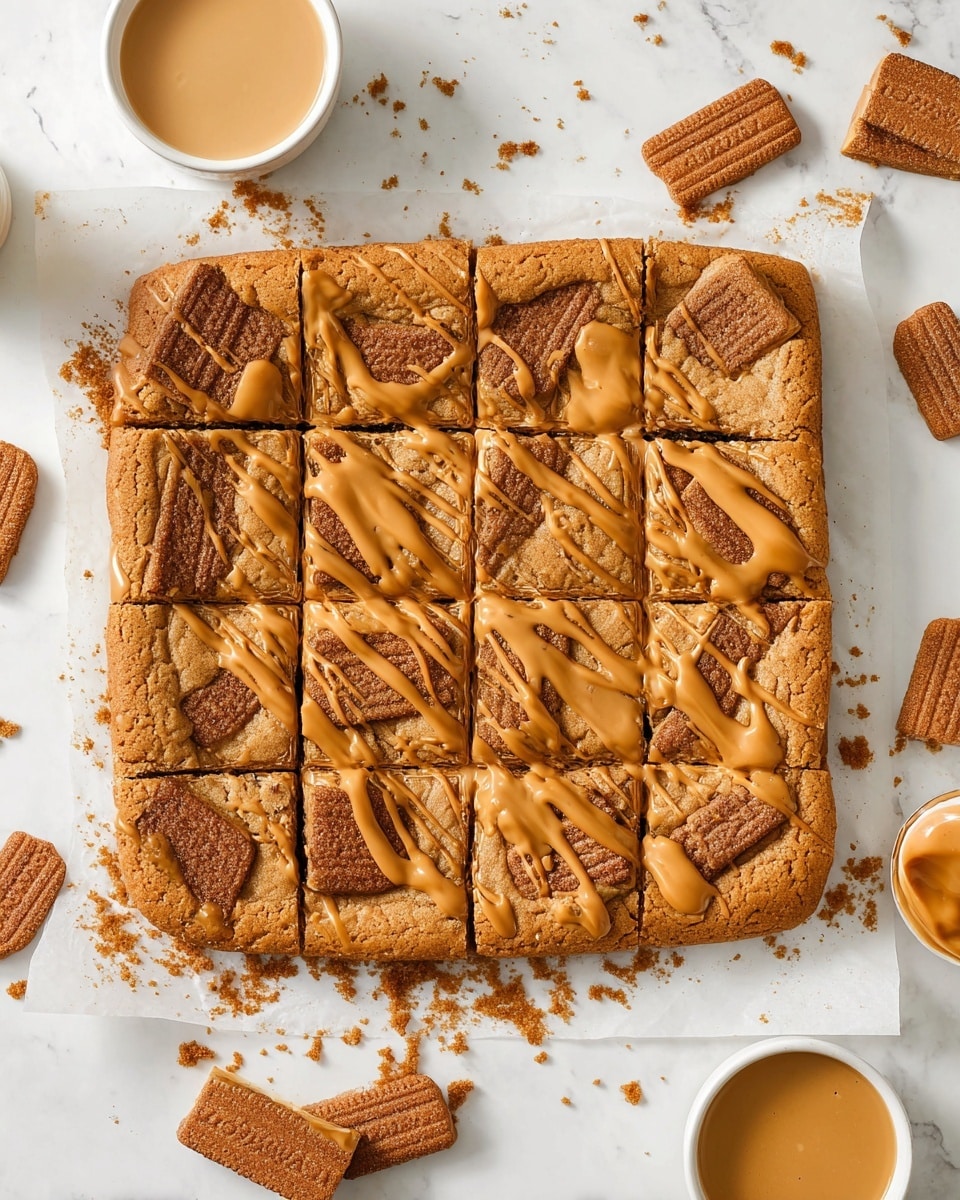 A square flat dessert is divided into 16 smaller squares arranged in 4 rows and 4 columns on white parchment paper. The base layer is a golden brown cookie-like crust with a slightly crumbly texture. Scattered on top of this base are darker brown, rectangular biscuit pieces pressed slightly into the surface. An irregular drizzle of shiny, light caramel-colored sauce stretches across the entire dessert, adding a smooth contrast to the rough texture. Around the dessert, broken biscuit crumbs and whole rectangular biscuits are placed on a white marbled surface, along with small white bowls filled with creamy caramel sauce. Photo taken with an iphone --ar 4:5 --v 7
