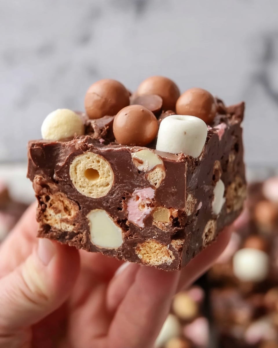 Maltesers Rocky Road Recipe 5 The image shows a close-up of a square piece of chocolate rocky road held by a woman's hand, with a white marbled background. The rocky road has two visible layers: a thick, rich dark brown chocolate base filled with mixed textures like light beige biscuit pieces and white and pale pink marshmallows, and on top, round chocolate-coated malt balls in light brown with one fully visible and one cut to show its crunchy inner texture. The chocolate looks smooth and shiny, holding all the pieces tightly together. The photo focuses on the dessert piece, making it look soft and chunky. photo taken with an iphone --ar 4:5 --v 7