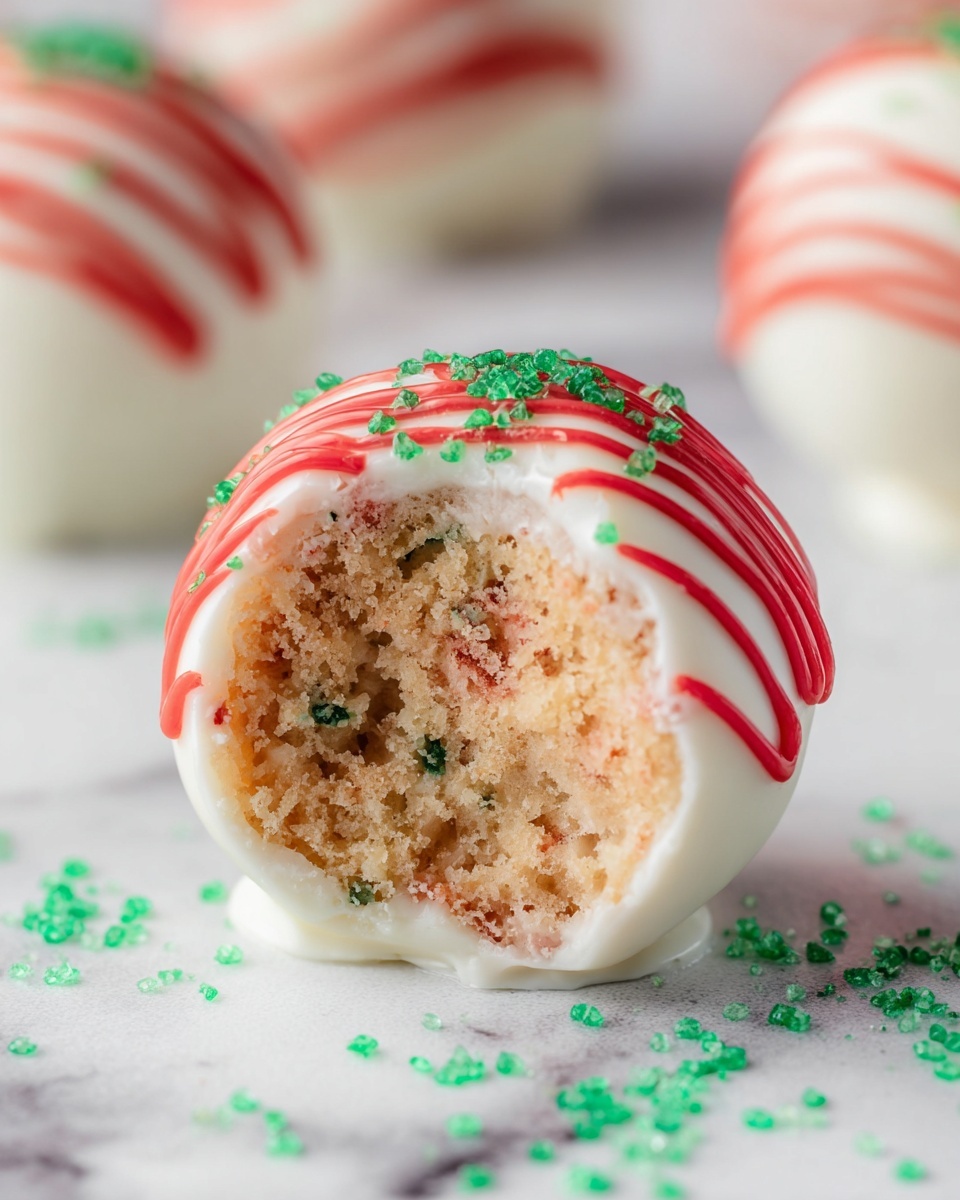The image shows a single round dessert ball with two visible layers. The outer layer is smooth and white, coated in a shiny finish, and decorated with thin, wavy red icing lines on top. The inner layer is soft and crumbly, with a light tan color mixed with small bits of red and green throughout, giving a textured look. The dessert sits on a white marbled surface sprinkled with small green sugar crystals around it. In the background, blurred dessert balls are faintly visible. Photo taken with an iphone --ar 4:5 --v 7