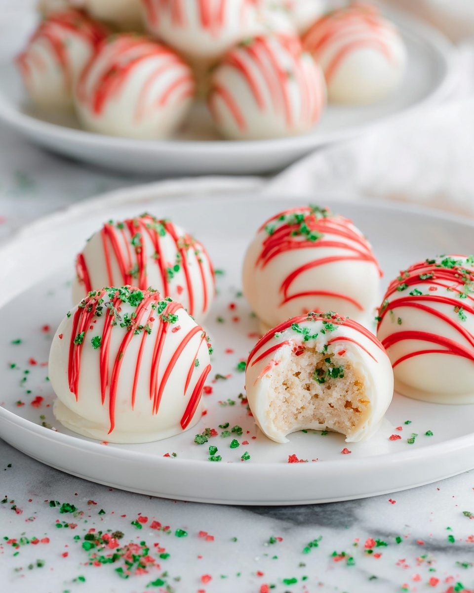 The image shows a white round plate with eight smooth, round white treats arranged closely, each decorated with curved red icing lines on top and small green sprinkles scattered over them. One of the treats is bitten, showing a light tan, soft filling with small green bits inside. The plate sits on a white marbled surface sprinkled lightly with green and red sprinkles. In the blurred background, another white round plate holds more of the same treats. The overall look is clean and festive with bright red and green colors on a white base. photo taken with an iphone --ar 4:5 --v 7