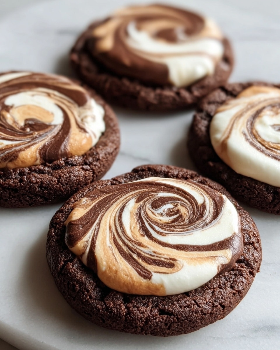 A white plate holds six soft chocolate cookies, each topped with a thick swirl of white and dark brown cream mixed together in a marbled pattern. The cookies have a rough chocolate base with the smooth cream sitting in the center, creating a round layer of white with dark brown streaks swirling through it. The cookies are arranged close together on a piece of brown parchment paper, and the plate sits on a white marbled surface with a soft beige cloth nearby. Photo taken with an iphone --ar 4:5 --v 7