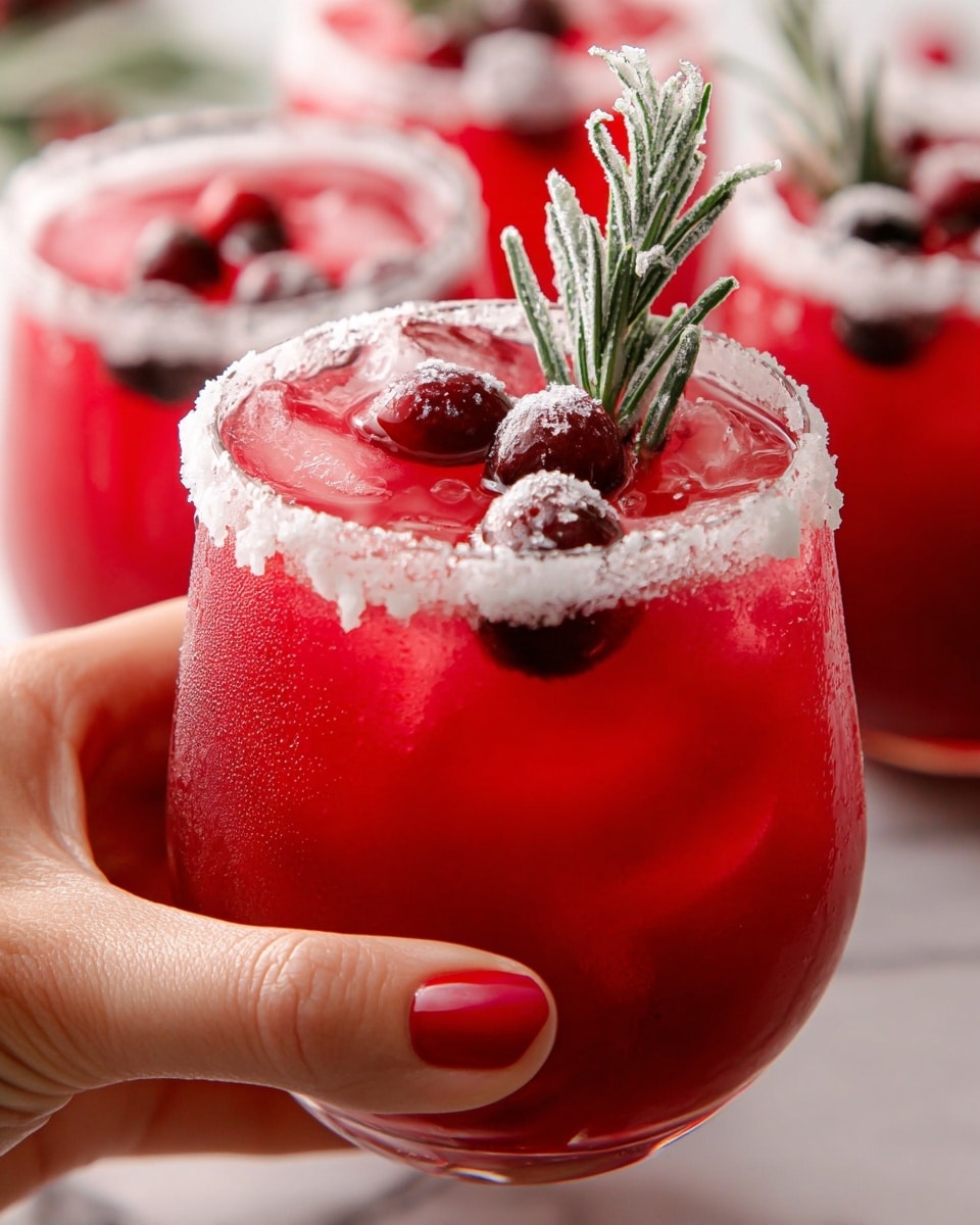 A close-up of a bright red drink in a clear glass with a thick layer of sugar on the rim. The drink has a few whole red cranberries floating near the top, along with a green rosemary sprig dusted with sugar standing vertically. The condensation on the glass shows it is cold. A woman's hand with red nail polish is holding the glass gently. In the background, there are two more similar glasses with the same drink and garnishes, all placed on a white marbled surface. Photo taken with an iphone --ar 4:5 --v 7