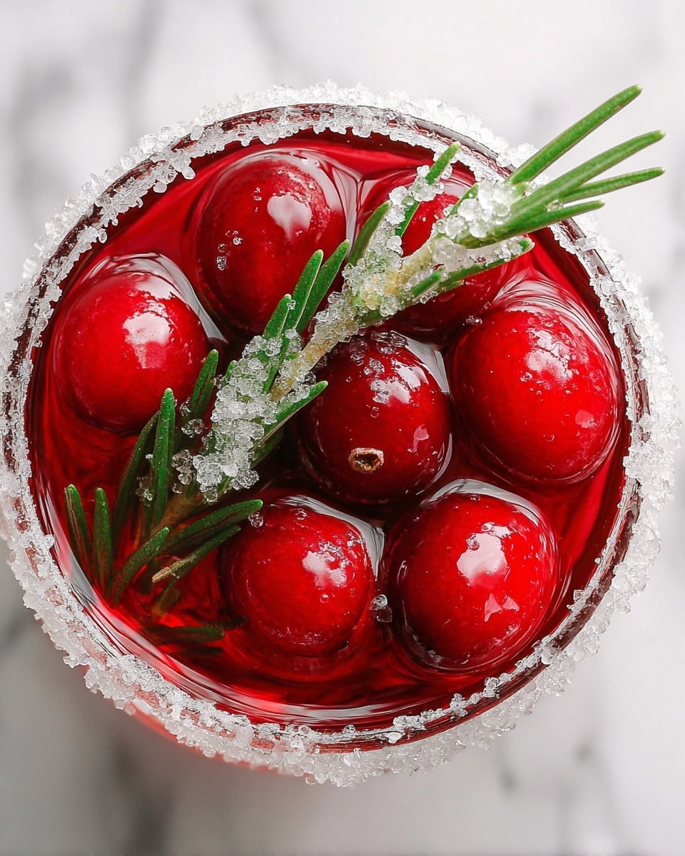 A close-up top view of a clear glass filled with bright red cranberries and a sprig of green rosemary covered lightly with sugar crystals, floating in light red liquid. The glass rim is thickly coated with white sugar crystals. The background is a white marbled surface. photo taken with an iphone --ar 4:5 --v 7