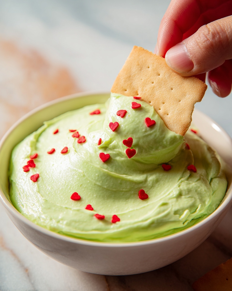 The image shows a close-up of a white bowl filled with a thick, smooth light green dip that has a creamy texture. The dip is decorated with small red heart-shaped sprinkles scattered around the surface. A woman's hand is holding a square, light tan cracker, dipping it into the green dip, lifting a rounded scoop of the dip with some red hearts visible on it. The bowl sits on a white marbled surface with a warm, soft light, highlighting the colors and textures clearly. photo taken with an iphone --ar 4:5 --v 7