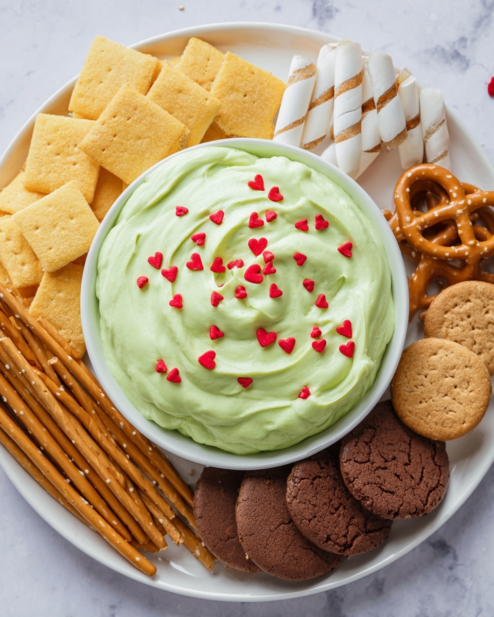 A white bowl filled with a thick, light green creamy dip covered with small red heart-shaped sprinkles sits in the center of a large white plate. Surrounding the bowl, clockwise from the top, are square yellow crackers, white wafer rolls with brown stripes, long thin light brown breadsticks, round golden pretzels, and dark brown cookies. The plate is set on a white marbled textured surface. photo taken with an iphone --ar 4:5 --v 7