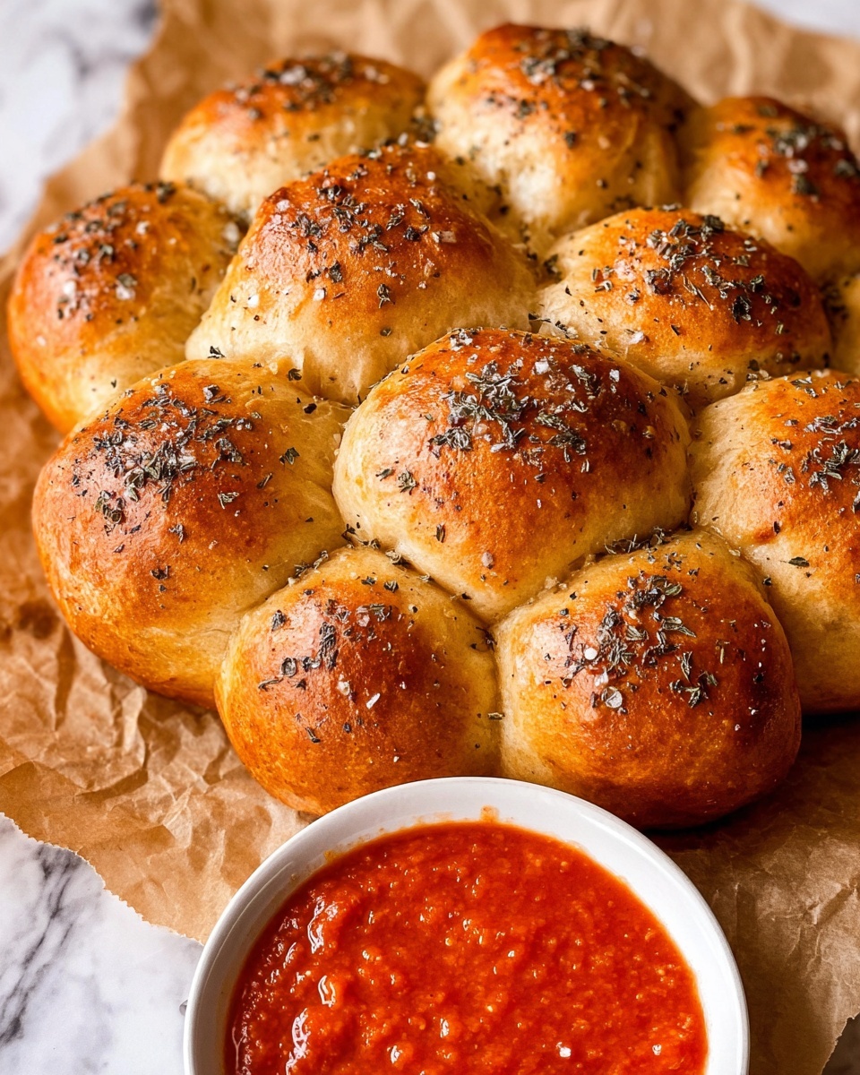The image shows a round cluster of golden brown dinner rolls baked close together, their shiny tops brushed with oil or butter and sprinkled with black pepper and herbs. The rolls have a smooth and slightly puffy texture, tightly packed to form a flower-like shape. Below the rolls is a piece of crumpled brown parchment paper. In the bottom corner, there is a white bowl filled with bright red tomato dipping sauce that has a slightly chunky texture. The background features a white marbled surface. Photo taken with an iphone --ar 4:5 --v 7