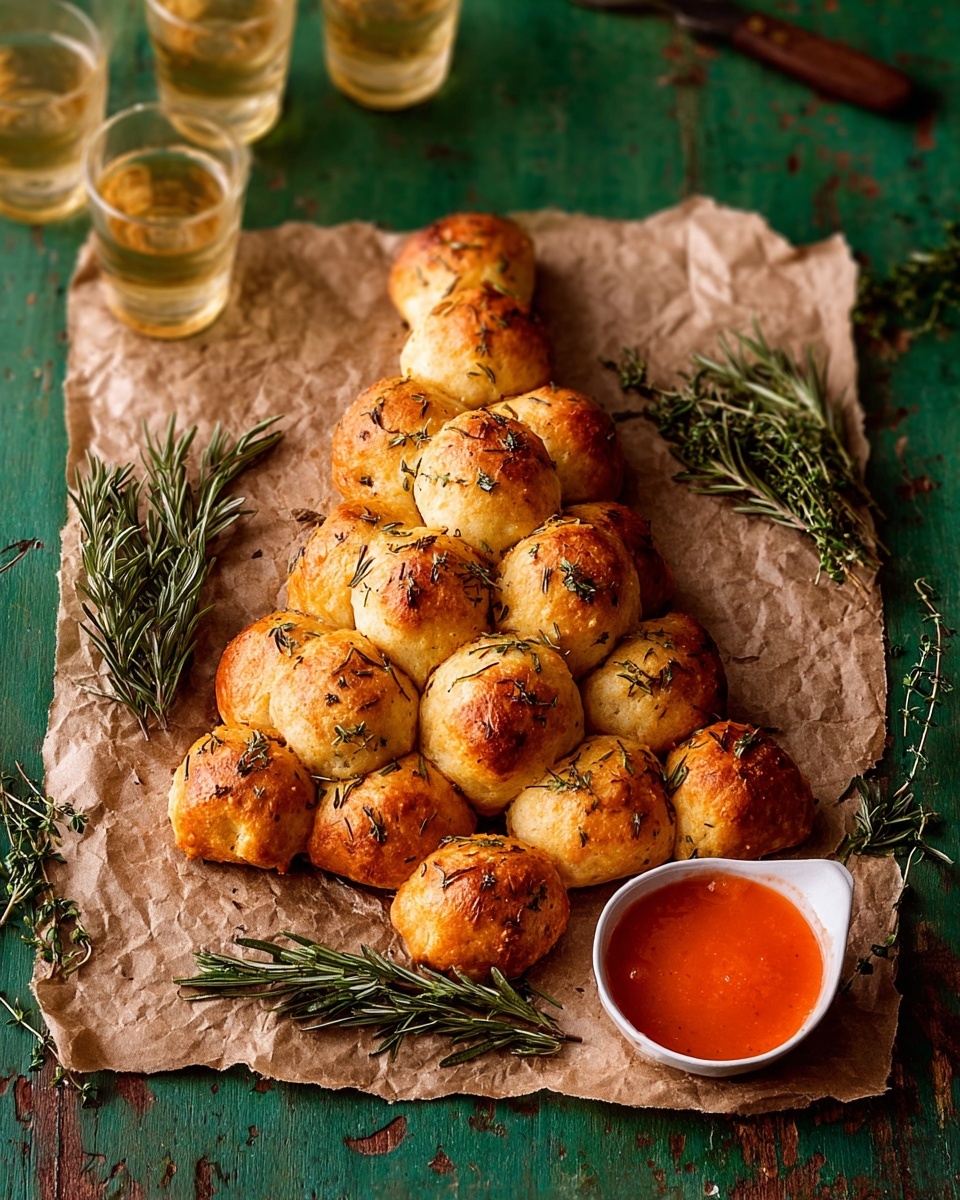 The image shows a close-up of several golden brown, round baked cheese-filled dough balls arranged on brown parchment paper, with a sprig of fresh rosemary on the side. One cheese ball is being pulled apart by a woman’s hand, revealing melted white cheese stretching between the separated pieces. Below the dough balls is a metal measuring cup filled with thick red marinara sauce. The background surface is white with a marbled texture. photo taken with an iphone --ar 4:5 --v 7