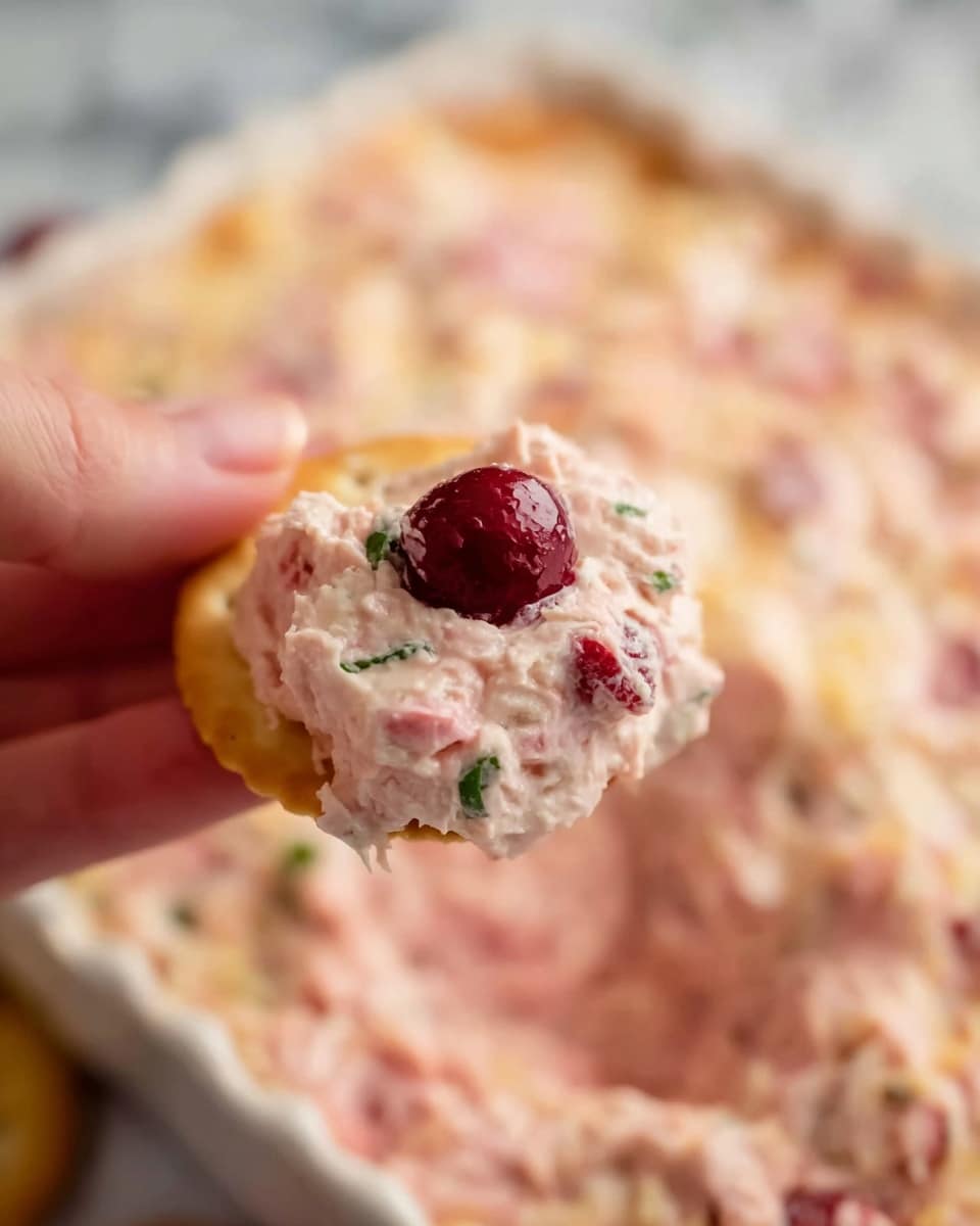 Cranberry Pecan Cheese Log Recipe 5 The image shows a close-up of a cheese ball log with visible layers of creamy white cheese mixed with small green herb pieces inside. The outer layer is covered in large chunks of dark red dried cranberries and light brown chopped nuts, giving a rough texture. The log is placed on white parchment paper on a white marbled surface with scattered chopped nuts and a blurred view of round crackers on either side in the foreground. The focus is sharp on the cheese ball with soft natural light highlighting the colors and textures photo taken with an iphone --ar 4:5 --v 7