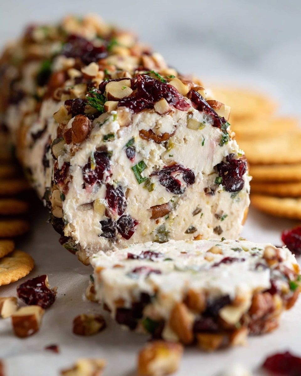Cranberry Pecan Cheese Log Recipe 6 A close-up of a woman's hand holding a round cracker topped with a soft white cheese spread mixed with small pieces of green herbs, chopped pecans, and red dried cranberries. On a white marbled surface below, there is a wooden board with parchment paper holding multiple similar cheese balls covered with the nut and cranberry mix. In the background, there is a neat stack of round crackers arranged in a row on the wooden board. The overall colors are light beige from the crackers, white and creamy from the cheese, with spots of red and brown from the cranberries and nuts. Photo taken with an iphone --ar 4:5 --v 7