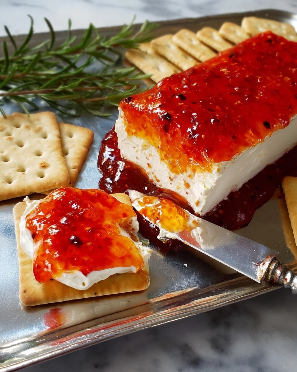 Pepper Jelly Cream Cheese Appetizer with Crackers Recipe 5 A white slice of cheese is placed in the center of a gray tray covered with a glossy bright red chili sauce that spreads beneath it. The cheese slice is topped with a thick layer of chunky, shiny orange-red chili spread that looks sticky and textured, with visible bits of chili seeds. Around the tray near the top left corner, there are several pale yellow square crackers arranged in rows. Two fresh green rosemary sprigs are placed on the tray on either side of the cheese, resting on the gray surface. The scene has a clean white marbled background and the focus is close-up on the cheesy chili spread. photo taken with an iphone --ar 4:5 --v 7