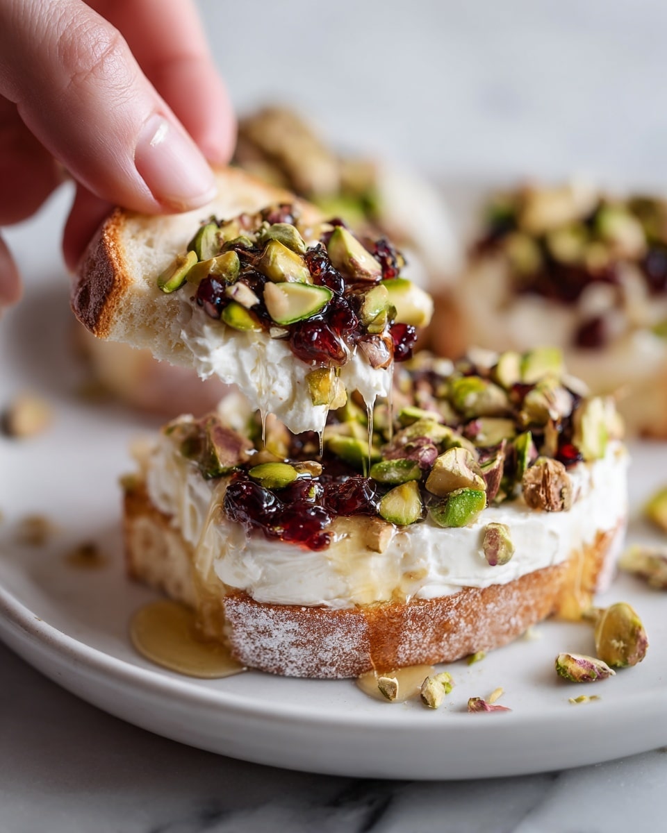 Whipped Brie with Cranberry Sauce, Honey, Pistachios, and Rosemary Recipe 5 A close-up of a white toasted bread chip held by a woman's hand, dipped in a spread with three main layers: the bottom layer is smooth and creamy white cheese spread covering the inner edge of a white plate, the middle layer shows a mix of chopped green pistachios and red berry jam adding texture and color on top of the cheese, and the top layer has a drizzle of honey on the cheese and jam, creating a shiny effect; the white plate sits on a white marbled surface in the background, with more of the layered spread visible around the plate’s edge photo taken with an iphone --ar 4:5 --v 7