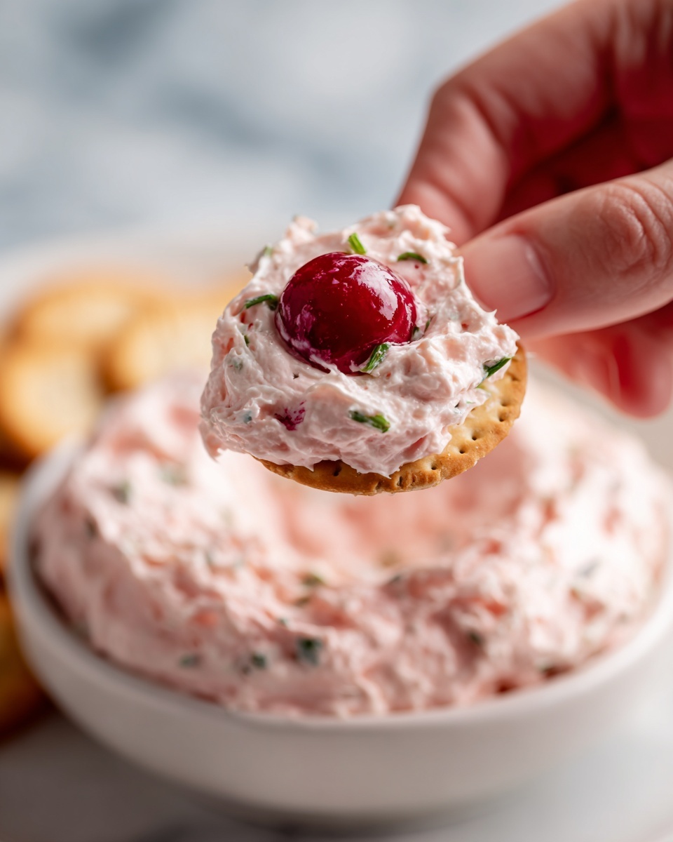 Baked Cranberry Cream Cheese Dip Recipe 5 A close-up image shows a woman's hand holding a small round cracker that is covered with a thick, creamy pink dip. The dip has a smooth, slightly chunky texture and contains small bits of green herbs mixed in. There is one prominent red cherry or berry piece sitting on top of the dip. The background shows a white dish filled with more of the same pink dip, resting on a white marbled surface. The photo taken with an iphone --ar 4:5 --v 7