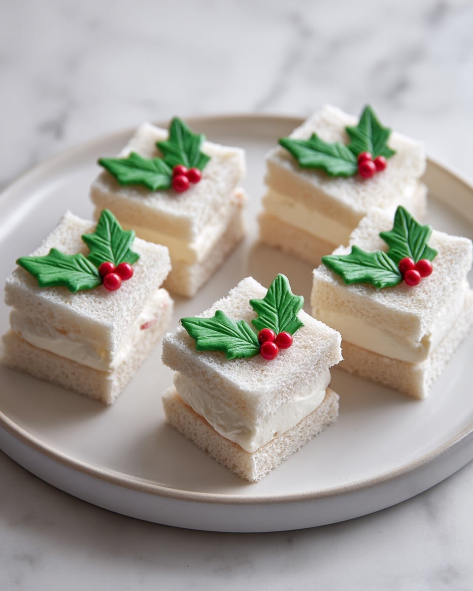 Two white bread Christmas tree-shaped sandwiches are decorated on top with bright green frosting that is textured to look like leaves on a tree, arranged in layers. Small red pomegranate seeds are placed evenly on the frosting to look like tree decorations. The sandwiches sit on a deep red glass plate with a textured pattern that looks like flower petals. The background uses a white marbled texture. photo taken with an iphone --ar 4:5 --v 7