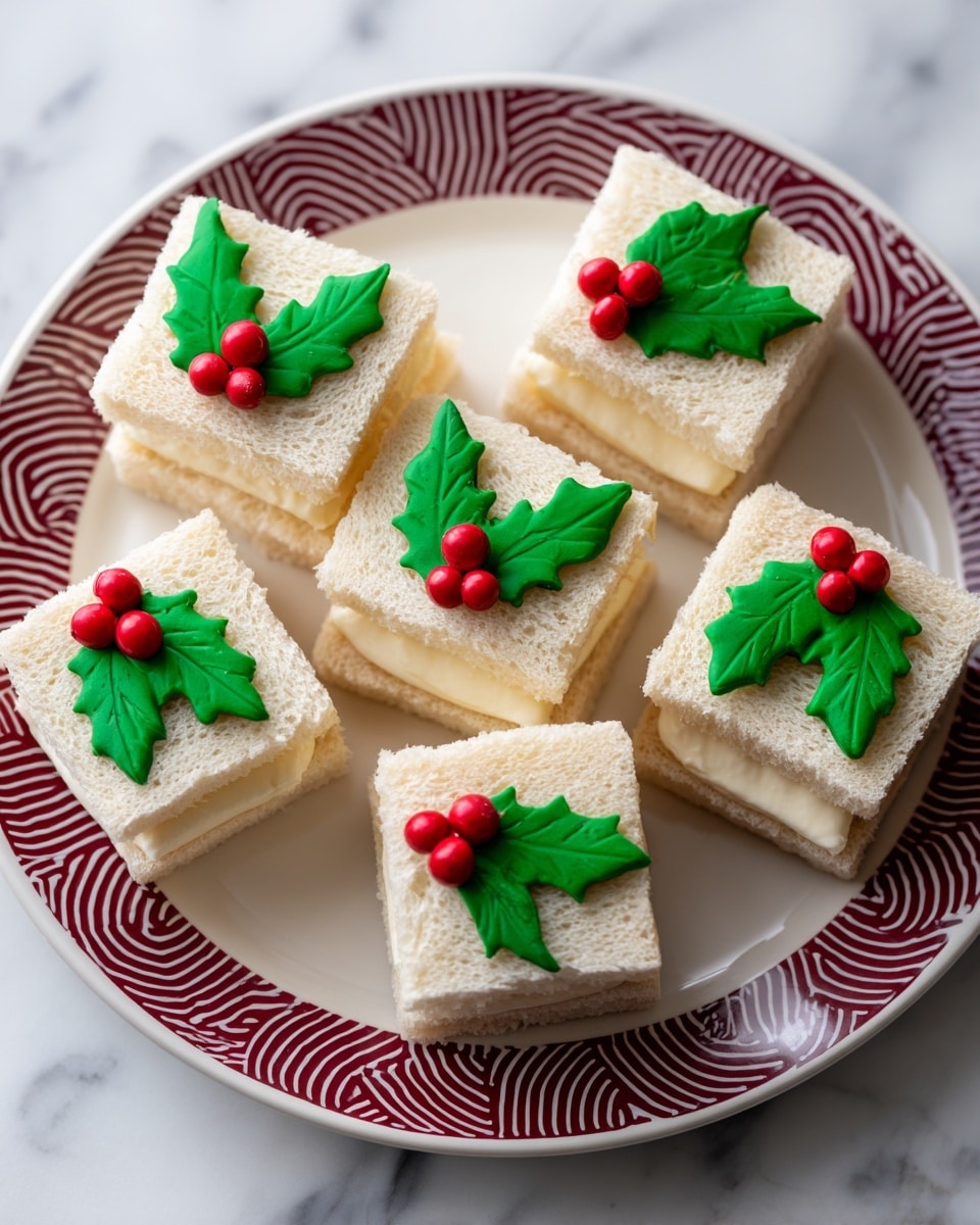 The image shows a small Christmas tree-shaped treat made from three white layers stacked to form the tree shape. The top two layers have a smooth, creamy texture, while the base layer looks soft and spongy. The tree is decorated with bright green icing shaped like ruffled pine needles covering the top and middle layers. Small, shiny red pomegranate seeds are scattered on the green icing to look like berries. Around the Christmas tree, there are three white star-shaped pieces, each with a slice of green icing and red pomegranate seeds for decoration. All these treats sit on a white marbled surface. photo taken with an iphone --ar 4:5 --v 7