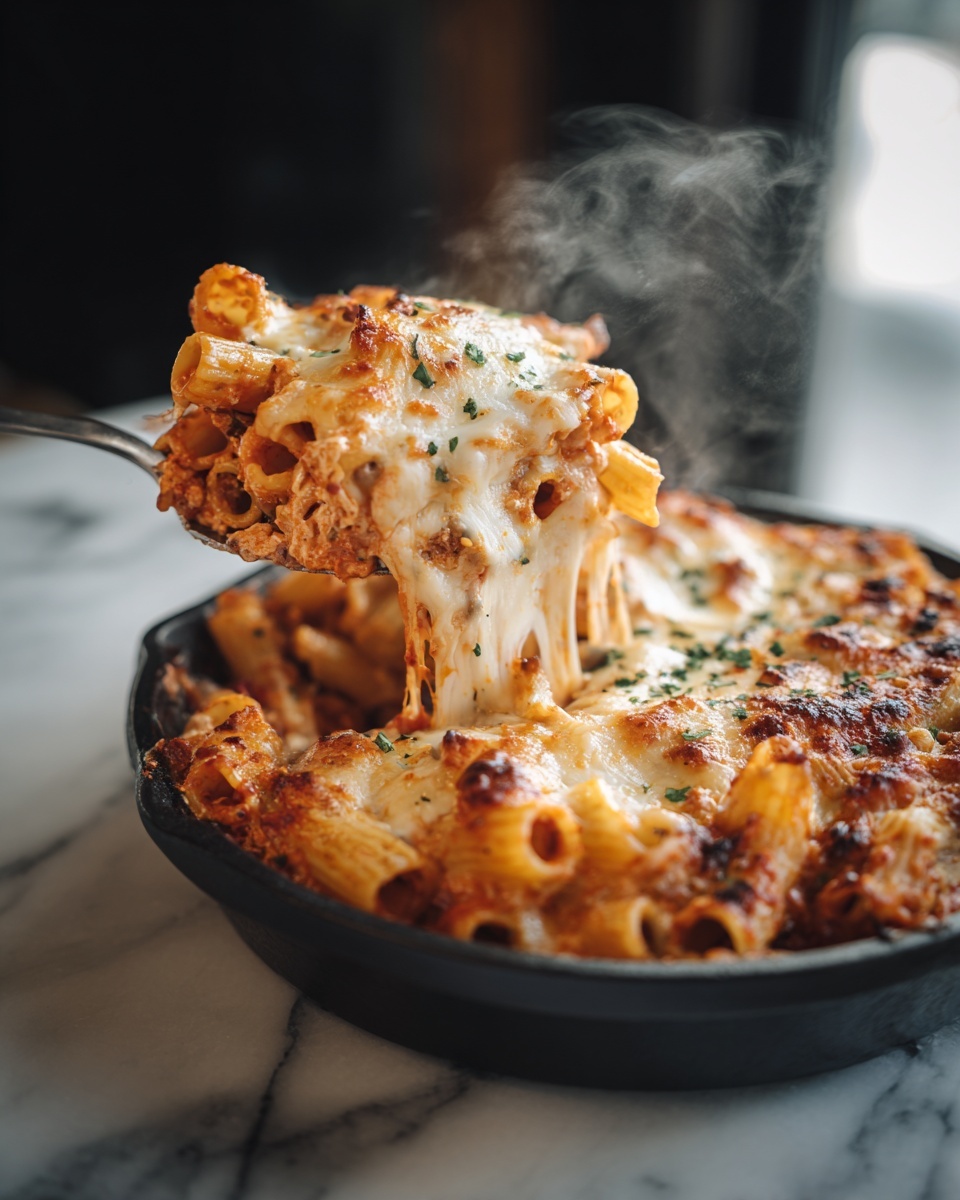 A slice of baked pasta is lifted, showing three layers: a bottom layer of baked tubular pasta with red tomato sauce, a middle layer of melted white cheese that stretches in strings, and a top layer of browned cheese with a light golden crust and small green herb pieces. The pasta looks soft with some sauce inside the tubes, and steam rises from the hot dish. The pasta is in a round black dish on a white marbled surface with a dark out-of-focus background. photo taken with an iphone --ar 4:5 --v 7