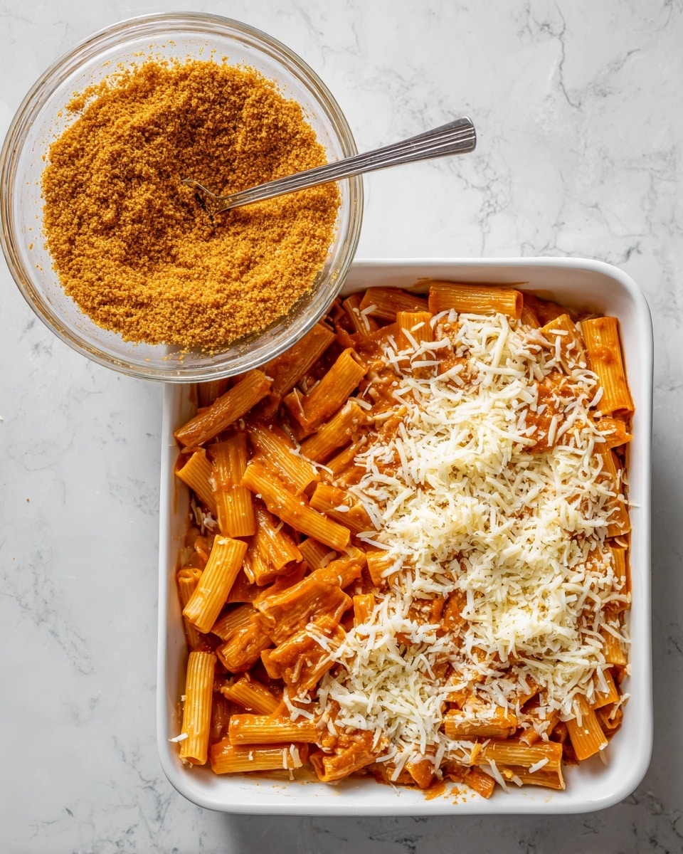 Five-Cheese Ziti al Forno Recipe 5 The image shows a white square baking dish filled with layered pasta. The bottom layer consists of tube-shaped pasta in a reddish-orange sauce. On top of the pasta, there is a layer of shredded white cheese, mostly covering the surface but with some pasta visible at the edges. The top layer is a sprinkle of light golden, fine crumbs which seem crispy. Next to the baking dish on the left side, there is a clear glass bowl with the same crumb mixture and a metal spoon inside it. The background surface is a white marbled texture. Photo taken with an iphone --ar 4:5 --v 7