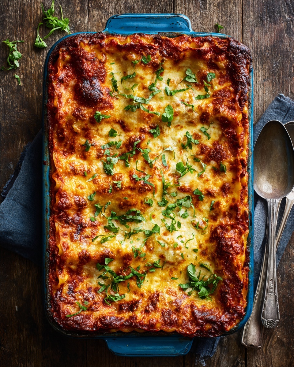 Best Vegetarian Baked Ziti Recipe 6 The image shows a rectangular white baking dish filled with a layered lasagna. The top layer is covered with melted cheese, golden brown with slightly darker brown baked spots, and sprinkled with fresh green basil leaves chopped into small pieces. The lasagna is gently cut into nine square portions, revealing a rich sauce peeking through beneath the cheese. The dish sits on a white marbled surface. photo taken with an iphone --ar 4:5 --v 7