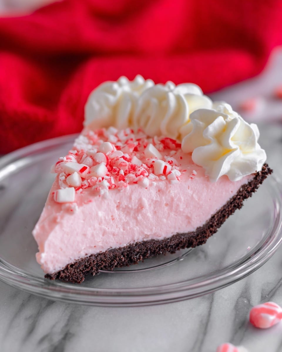 The image shows a slice of dessert with two main layers on a clear glass plate set on a white marbled surface. The bottom layer is thin and dark brown with a crumbly texture, serving as the crust. The top layer is thick, light pink, and creamy, making up most of the slice. On top of the pink layer, there are five dollops of white whipped cream along the curved edge, and in the center, small pieces of crushed red and white candy are scattered. The background has a blurred bright red cloth and some small candy pieces. Photo taken with an iphone --ar 4:5 --v 7