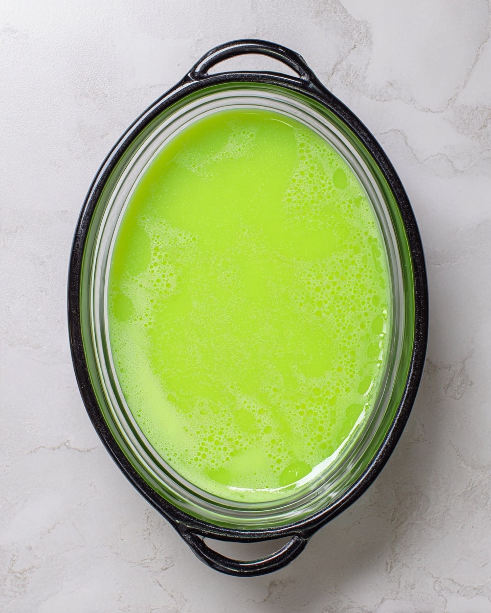 The image shows a single layer of bright green liquid with a smooth and slightly foamy texture, filling an oval clear glass dish with a black rim and handles on each side. The green liquid is even and glossy with some bubbles on the surface. The dish is placed on a white marbled textured surface, and the photo is taken from directly above, showing the full shape of the container and the vibrant color of the green liquid inside. photo taken with an iphone --ar 4:5 --v 7