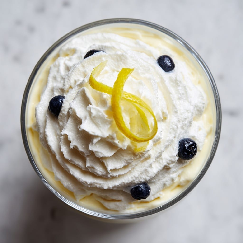 The image shows two clear glass dessert cups on a white marbled surface with a dark background. Each cup has four layers: the bottom layer is a mix of red and blue berries, followed by a creamy pale yellow layer. Then, there is a layer of white cake pieces with more red and blue berries mixed in. On the top is a thick white dollop of whipped cream, crowned with a thin, curled lemon slice. The front cup is in focus, with the second cup slightly blurred behind it. Photo taken with an iphone --ar 4:5 --v 7