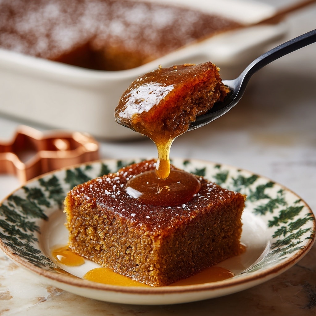 A square piece of soft, moist brown ginger cake sits on a white plate with dark green tree-like speckles, topped with shiny amber syrup that drips slightly on the plate around it; next to the cake is a black spoon with some syrup on it. In the top left, a white baking dish with powdered sugar dusted on its dark brown cake surface shows where a large square was removed, revealing a sticky, glossy caramel-like sauce beneath. Nearby on the white marbled surface is a copper-colored gingerbread man cookie cutter sprinkled with powdered sugar. Photo taken with an iphone --ar 4:5 --v 7