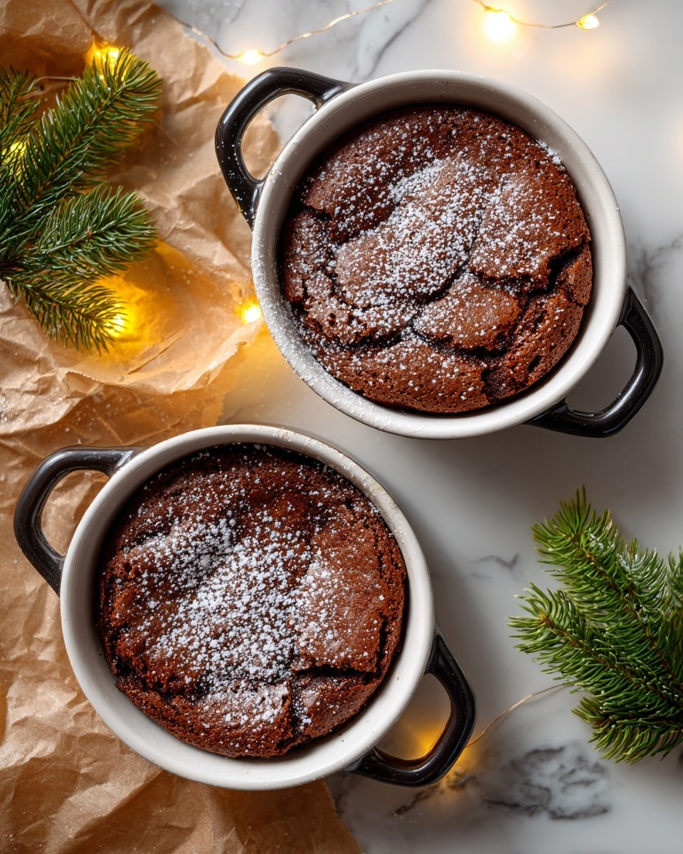 Two round white dishes with black handles hold baked desserts with rough, cracked tops in a deep brown color. The desserts look soft and thick, filled to the edge of the dishes and slightly risen. Light powdered sugar is sprinkled unevenly on top, adding a touch of white contrast. The dishes rest on crumpled brown paper on a white marbled surface. Small glowing fairy lights and green pine needles are placed near the dishes, creating a cozy and warm feeling. Photo taken with an iphone --ar 4:5 --v 7