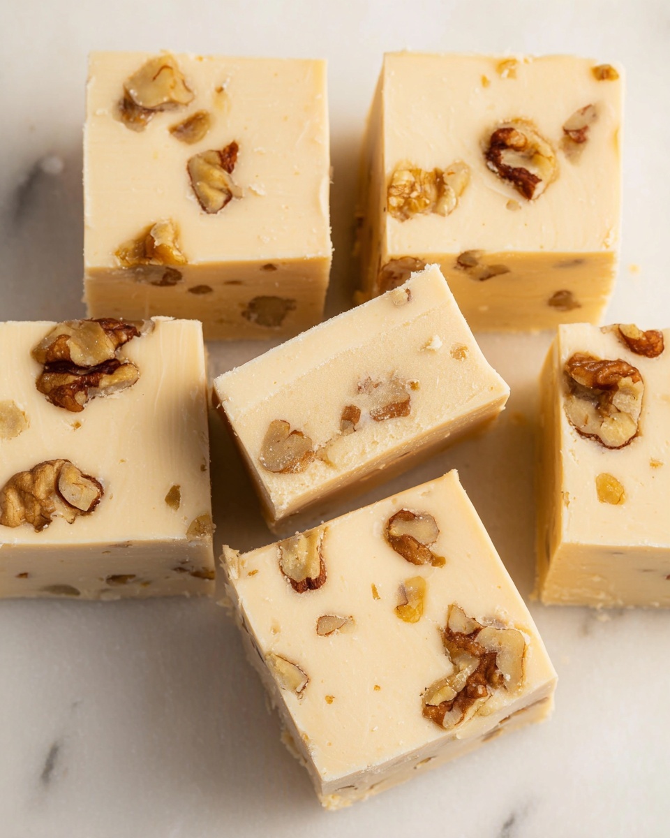 The image shows six squares of light cream fudge with small walnut pieces embedded on the top and inside. The fudge has a smooth texture with some small cracks and slight wrinkles on the surface, with scattered walnut fragments adding rough, darker brown spots. The squares are arranged closely on a white marbled surface, with one square slightly raised and tilted, showing the thickness and creamy interior with walnuts inside. The lighting is soft, highlighting the fudge’s smooth cream color and walnut details. Photo taken with an iphone --ar 4:5 --v 7