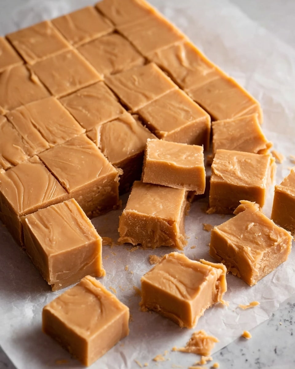 The image shows a large square block of light brown fudge that has been cut into many smaller square pieces. The fudge has a smooth, slightly shiny surface with some soft swirls and small cracks visible on top. A few smaller pieces are separated and lie around the main block on a sheet of parchment paper. The background is a white marbled texture. Photo taken with an iphone --ar 4:5 --v 7