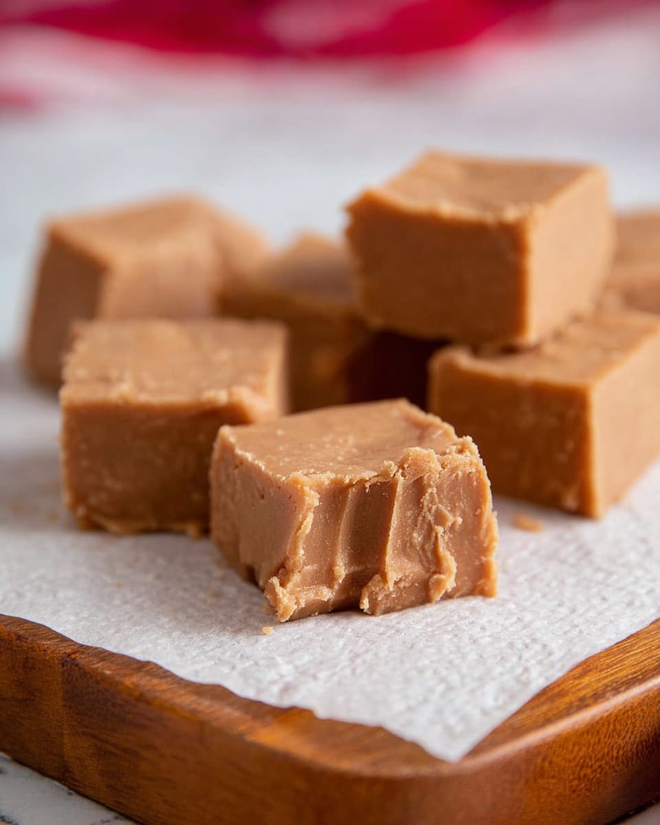 The image shows several square pieces of light brown fudge with slightly rough textures on top. The fudge pieces are arranged on a white textured paper liner that covers a wooden board beneath. The background is a white marbled surface, and there is a soft blurred red and white area in the far back. The fudge pieces appear thick and rich, with smooth sides and minor cracks or imperfections on their surfaces. photo taken with an iphone --ar 4:5 --v 7