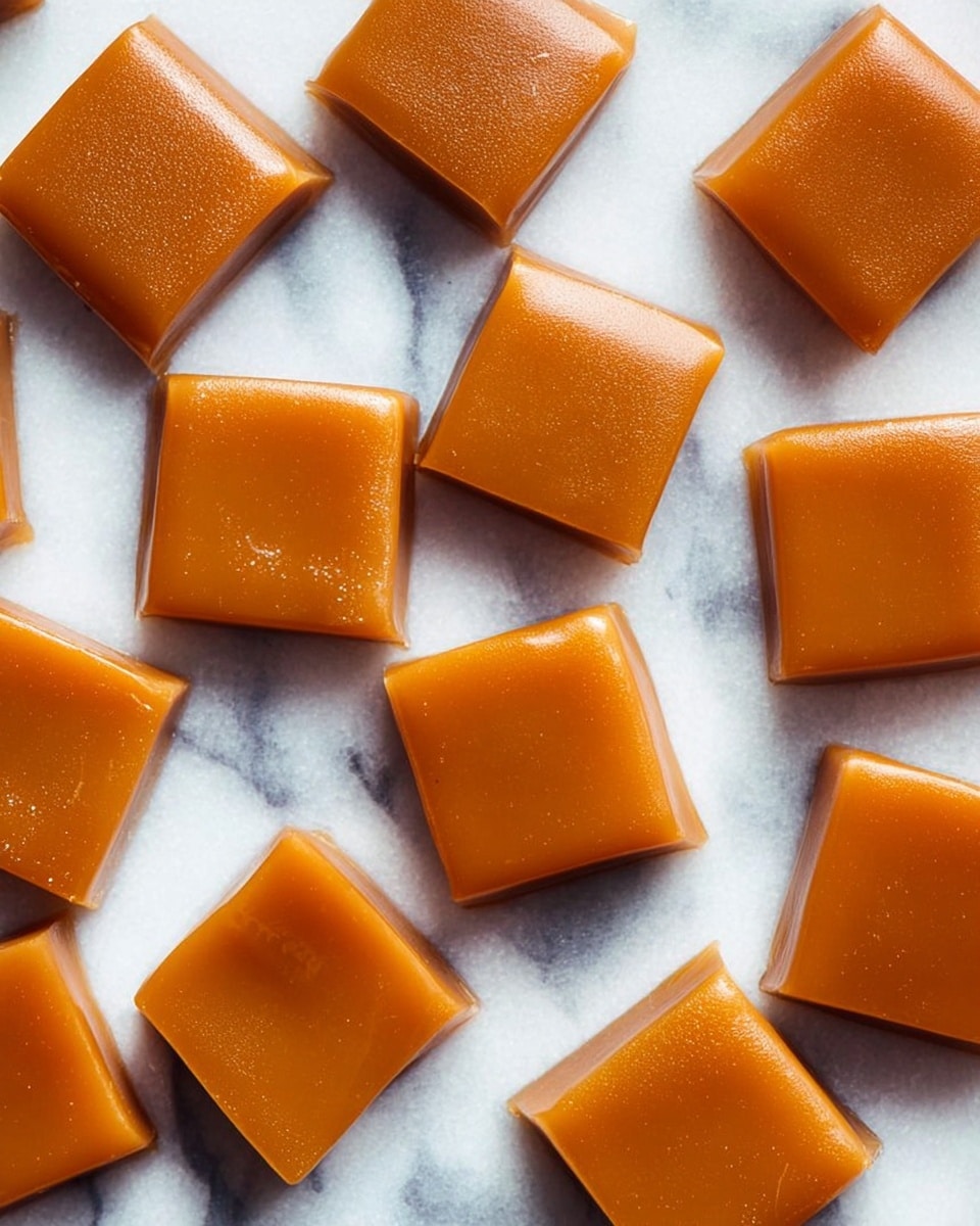 The image shows several square caramel candies arranged on a white marbled surface. Each candy has smooth, glossy tops with a rich golden-brown color and straight edges, showing a dense, chewy texture. The candies are evenly spaced in a scattered pattern, highlighting their uniform size and shiny finish. photo taken with an iphone --ar 4:5 --v 7