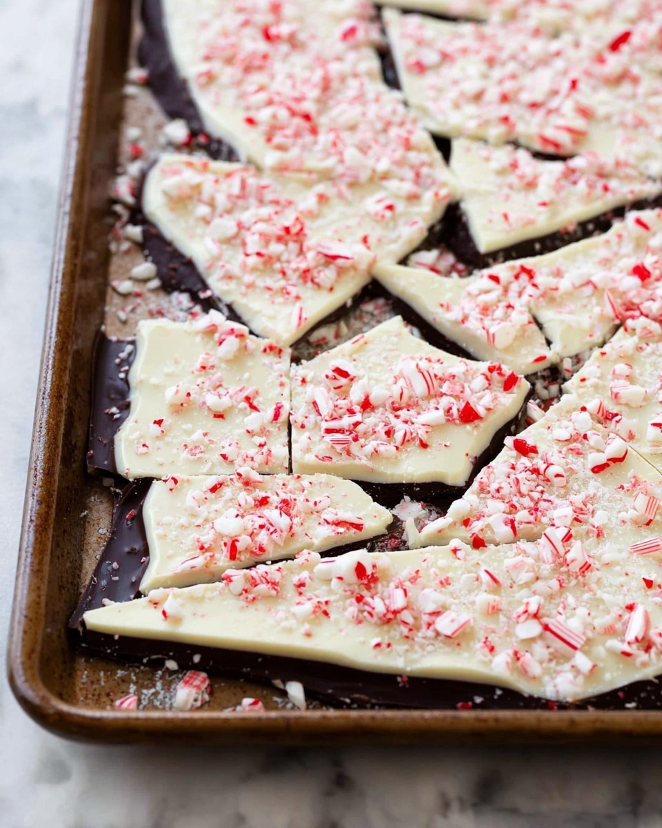 The image shows a baking sheet filled with irregularly shaped pieces of peppermint bark. The bark has two layers: a dark chocolate base layer that is smooth and shiny, topped with a thick white chocolate layer that is creamy and slightly glossy. On top, there is a generous sprinkle of crushed red and white peppermint candy pieces, which add a rough and crunchy texture. The pieces are broken apart in uneven shapes, with some candy bits scattered around the edges. The surface underneath the baking sheet is a white marbled texture. photo taken with an iphone --ar 4:5 --v 7
